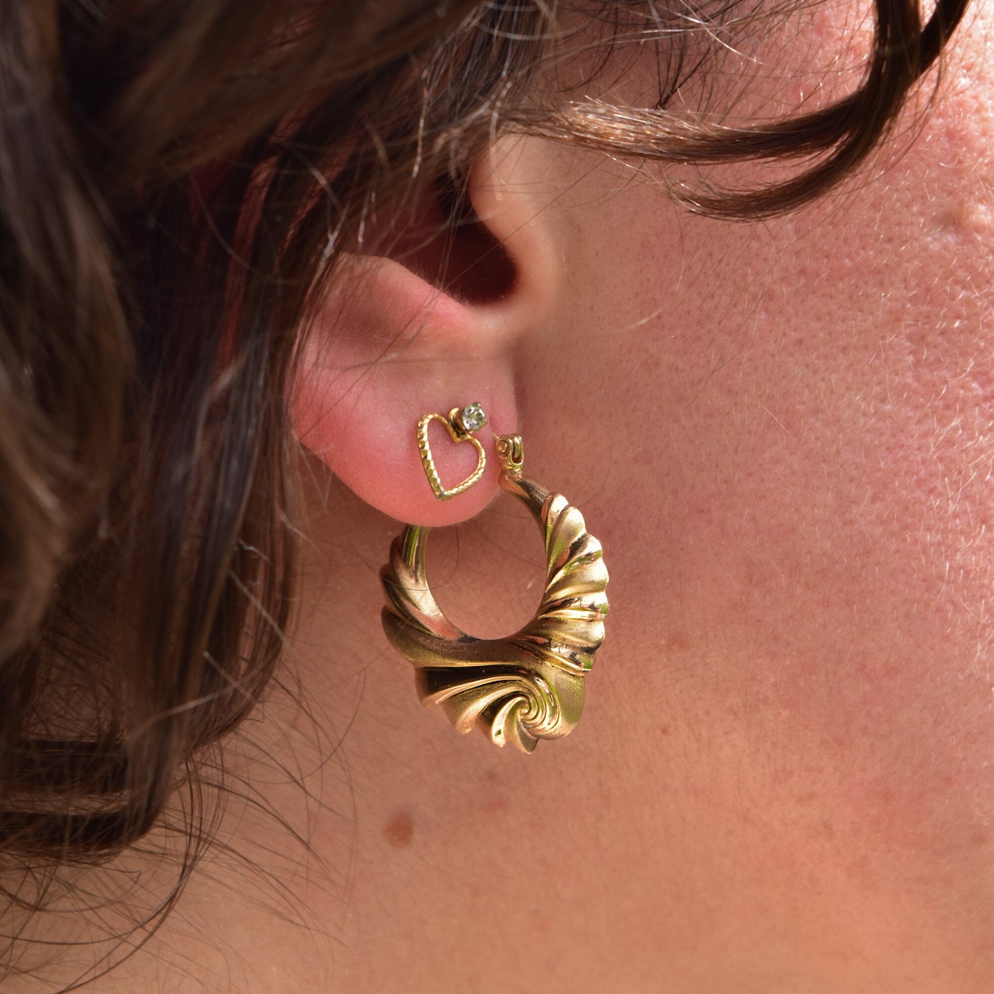 Modernist 14K Brushed Swirl Hoop Earrings, Puffed Yellow Gold Spiral Hoops, Estate Jewelry, 30mm