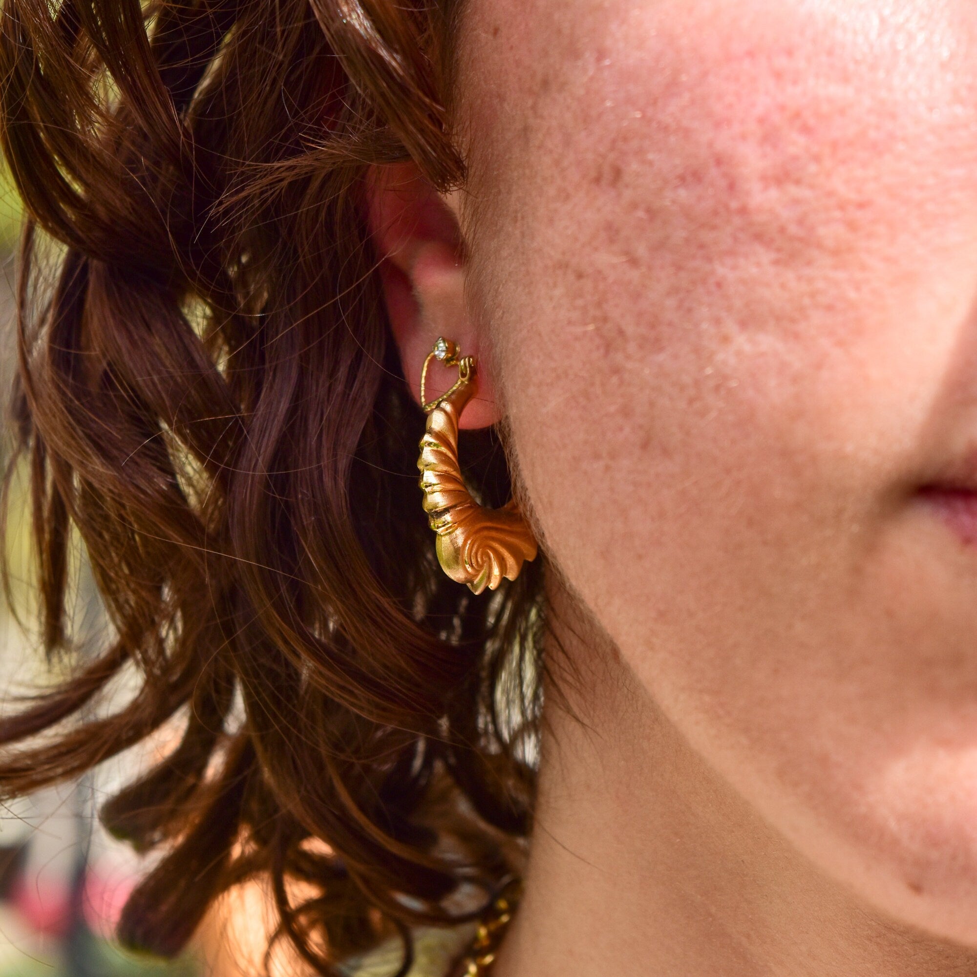 Modernist 14K Brushed Swirl Hoop Earrings, Puffed Yellow Gold Spiral Hoops, Estate Jewelry, 30mm