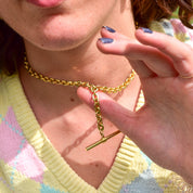Gold-Tone Watch Fob Choker Necklace, T-Bar Pendant, 6mm Cable Link Chain, Cute Vintage Necklace, 15 1/4" L