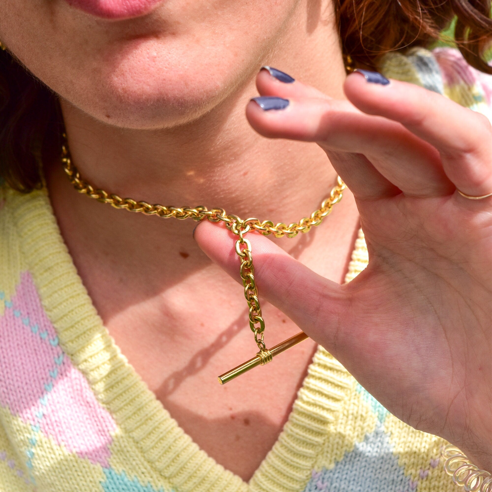 Gold-Tone Watch Fob Choker Necklace, T-Bar Pendant, 6mm Cable Link Chain, Cute Vintage Necklace, 15 1/4" L
