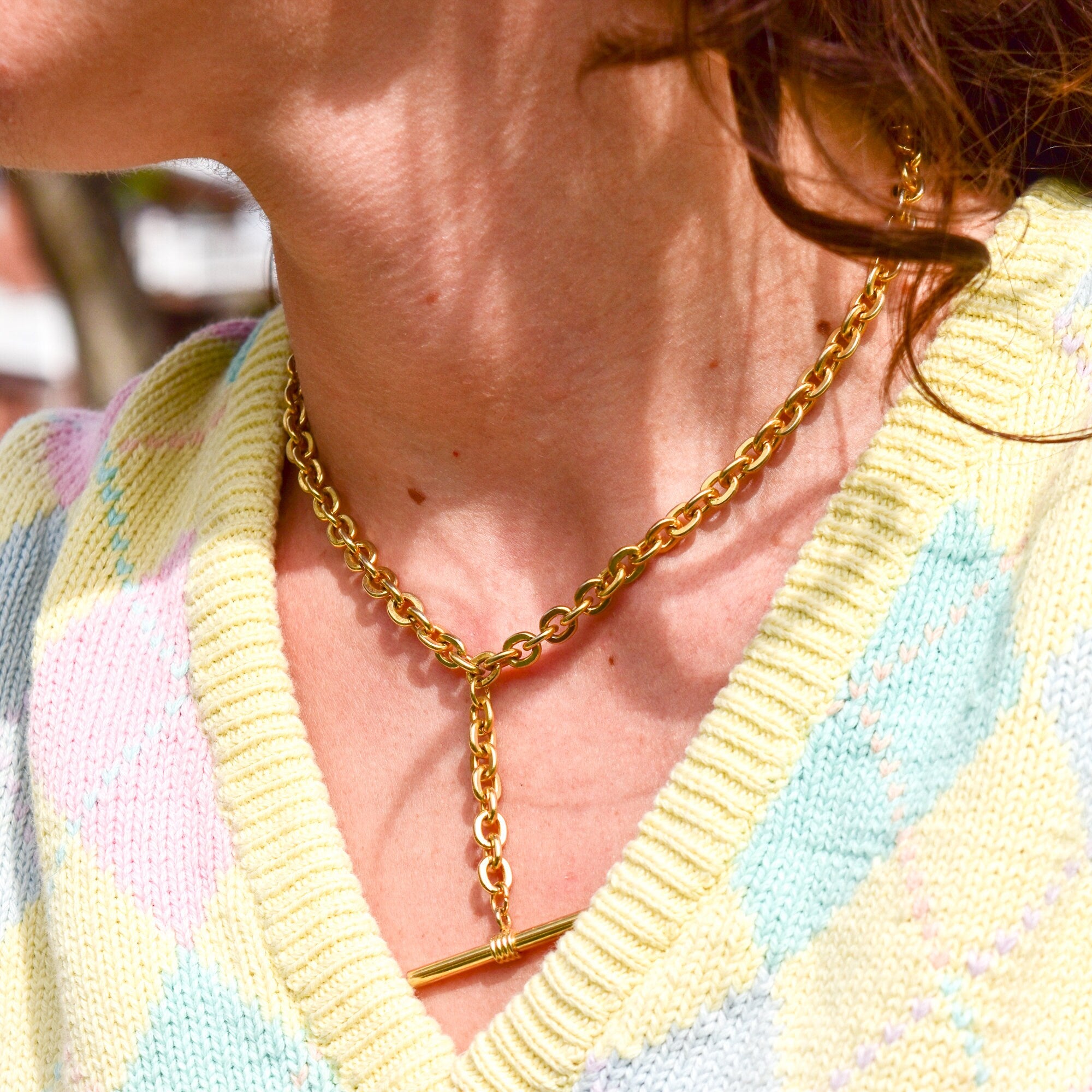 Gold-Tone Watch Fob Choker Necklace, T-Bar Pendant, 6mm Cable Link Chain, Cute Vintage Necklace, 15 1/4" L