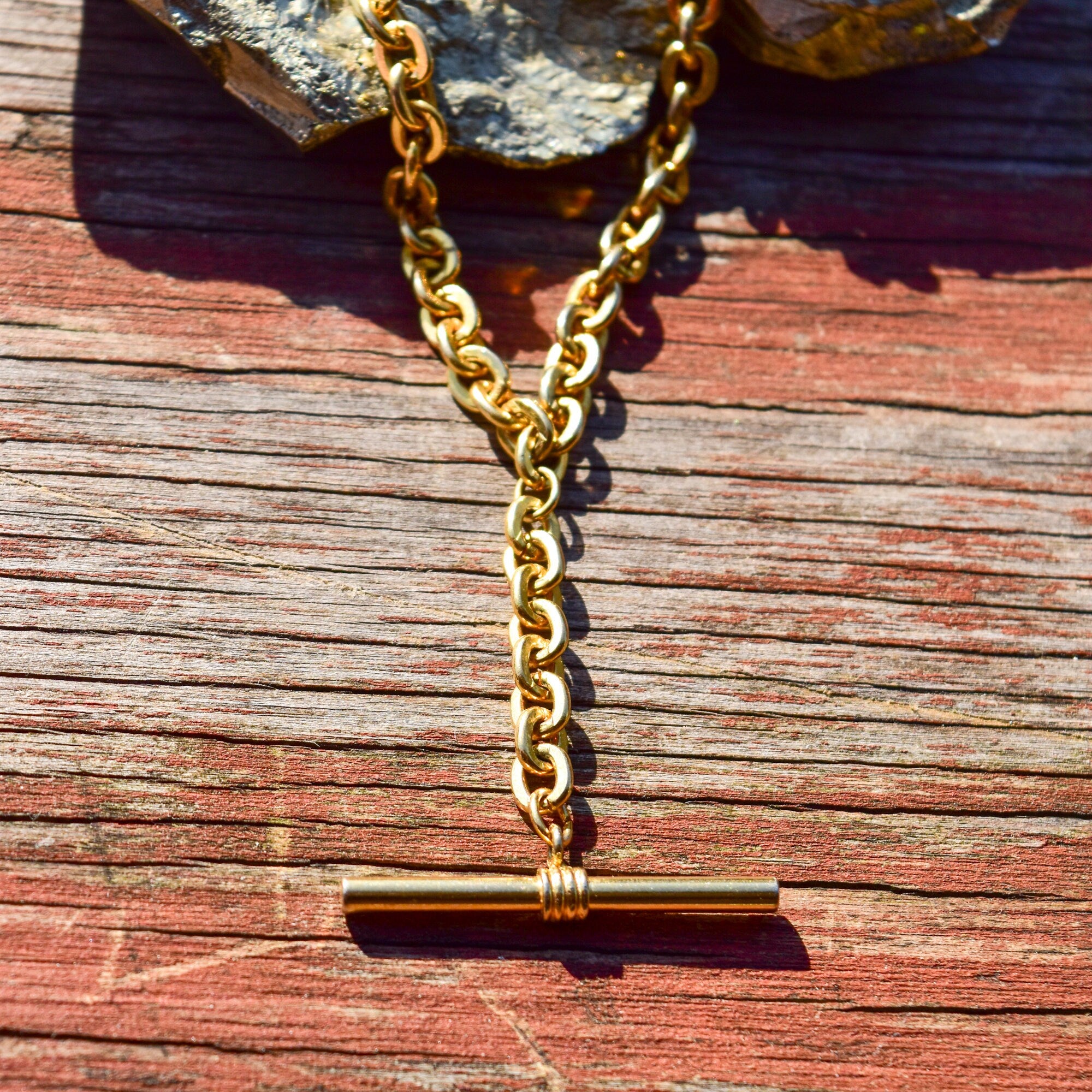 Gold-Tone Watch Fob Choker Necklace, T-Bar Pendant, 6mm Cable Link Chain, Cute Vintage Necklace, 15 1/4" L