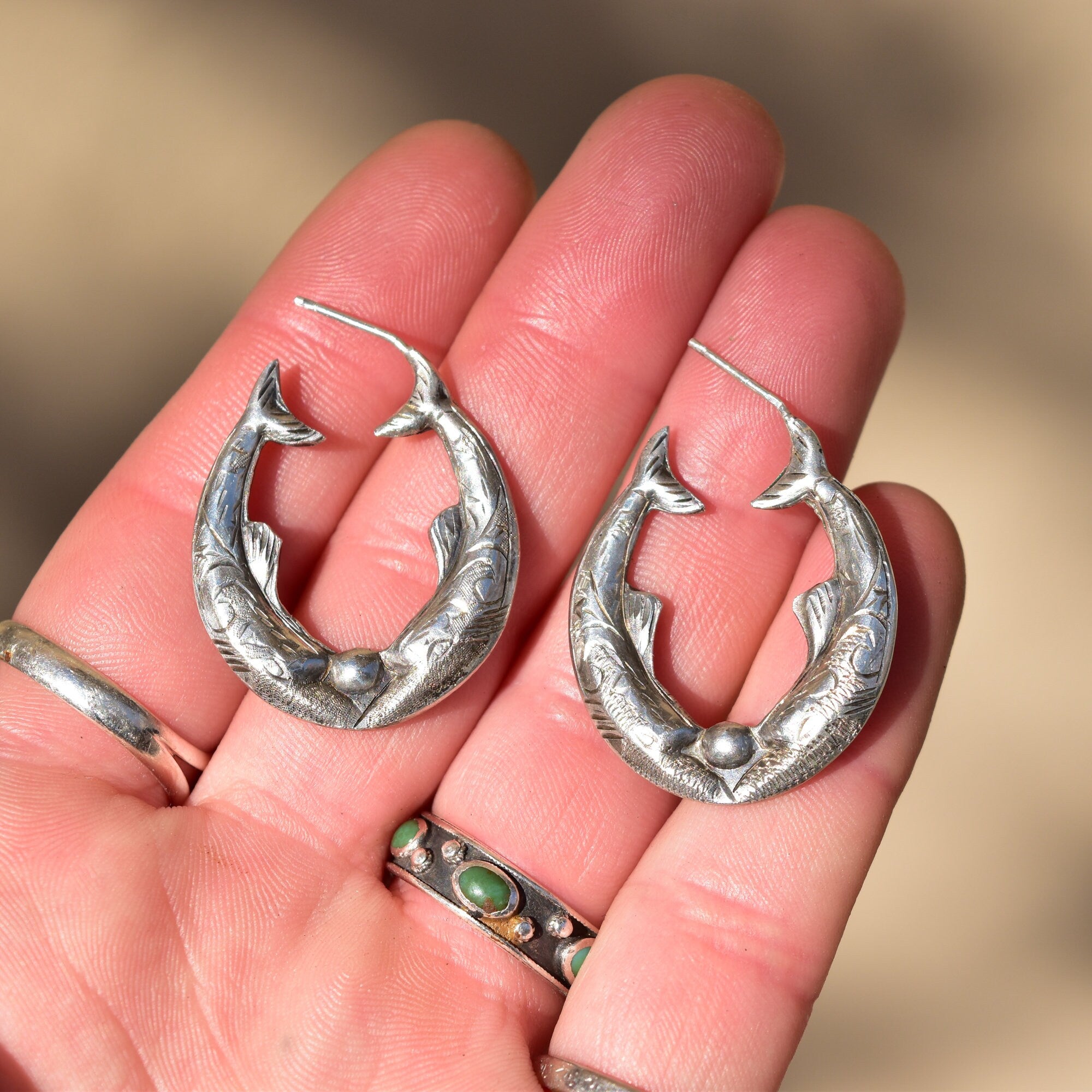 Engraved Sterling Silver Fish Hoop Earrings, Mirrored Etched Fish Design, Pierced Oval Hoops, 30mm