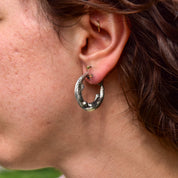 Engraved Sterling Silver Fish Hoop Earrings, Mirrored Etched Fish Design, Pierced Oval Hoops, 30mm