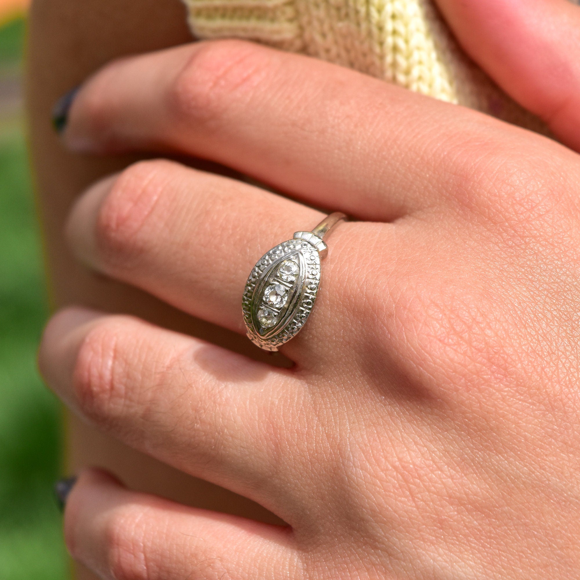 Art Deco 14K White Gold 3-Diamond Engagement Ring, Floral Repousse Design, Size 9 1/4 US