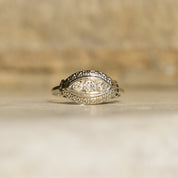 Art Deco 14K White Gold 3-Diamond Engagement Ring, Floral Repousse Design, Size 9 1/4 US