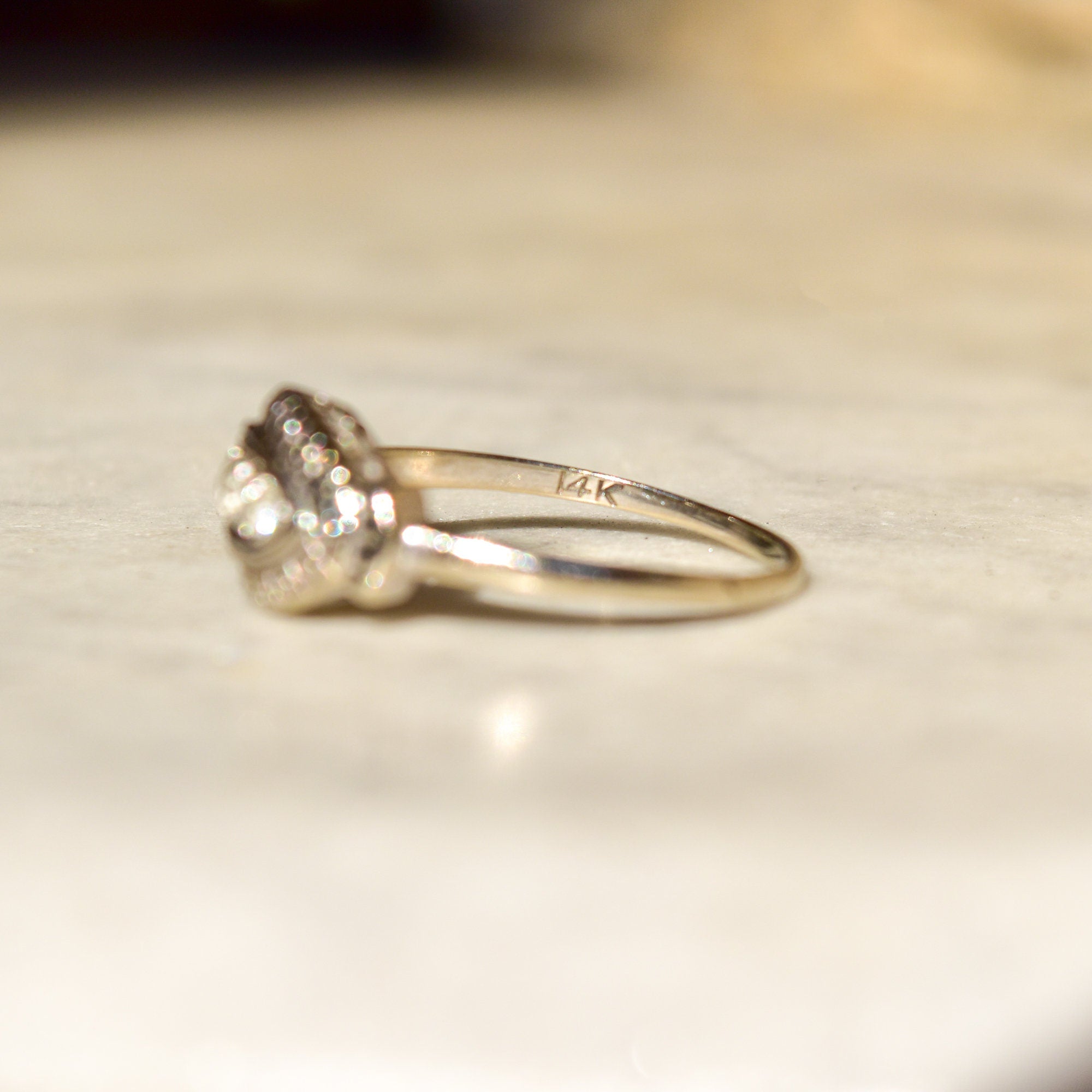 Art Deco 14K White Gold 3-Diamond Engagement Ring, Floral Repousse Design, Size 9 1/4 US