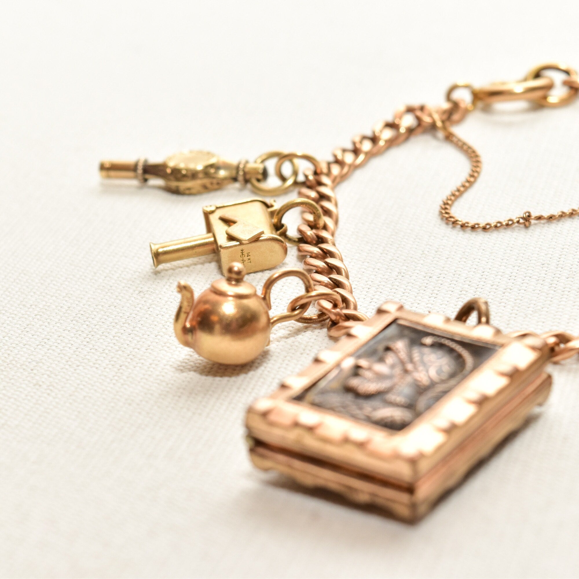 Eclectic 14K Charm Bracelet W/ Large Cameo Locket, Cute Gold Figurine Charms, 4.5mm Curb Link Chain, 7 3/4" L