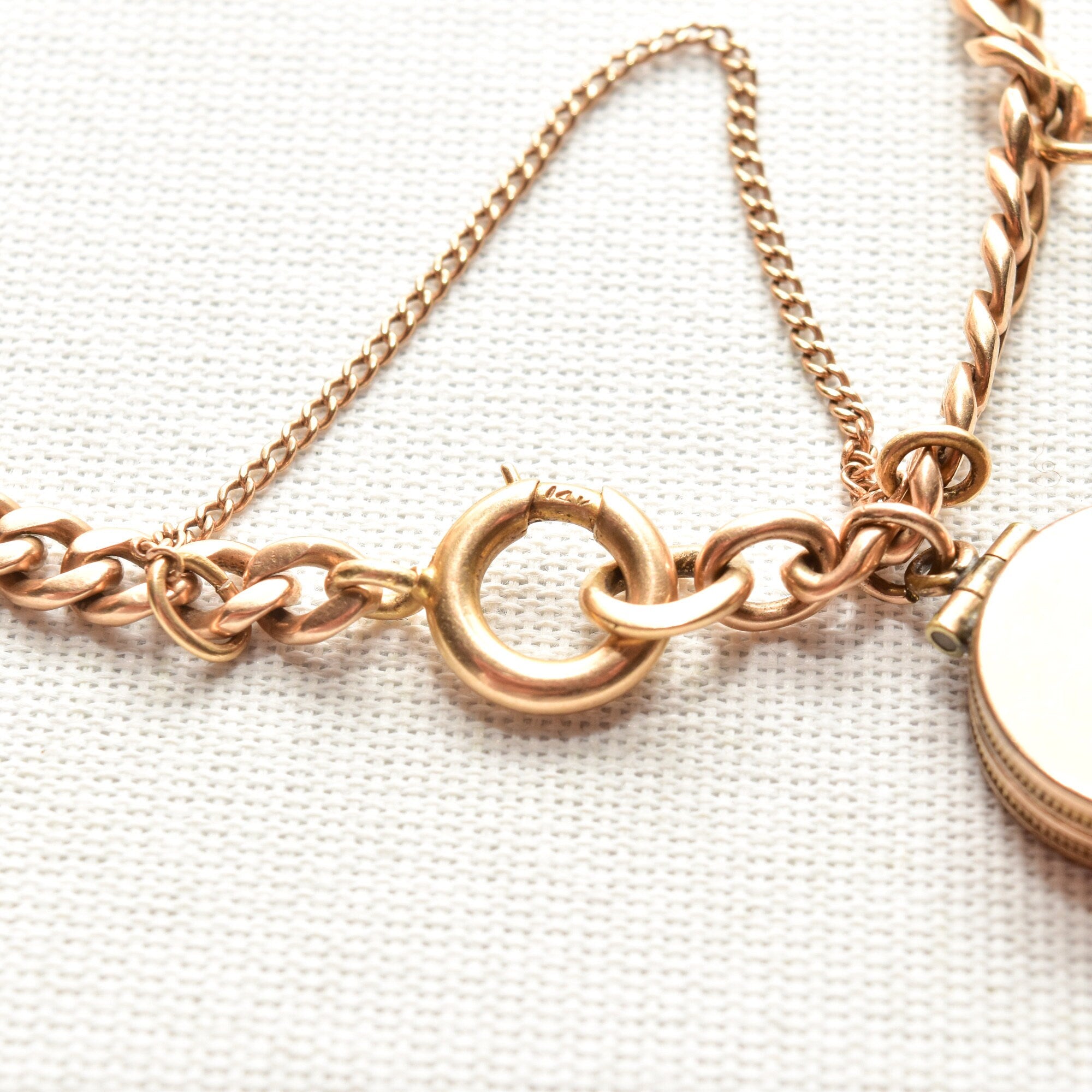 Eclectic 14K Charm Bracelet W/ Large Cameo Locket, Cute Gold Figurine Charms, 4.5mm Curb Link Chain, 7 3/4" L