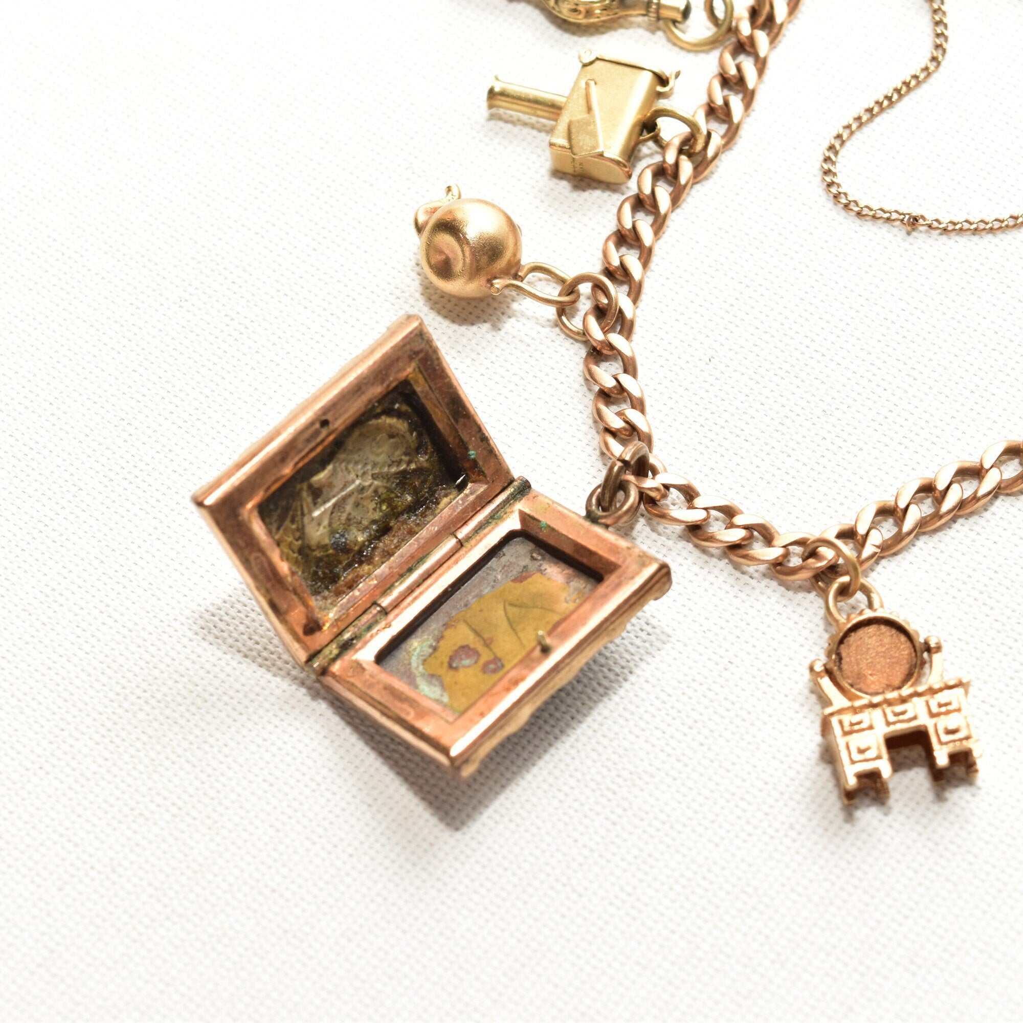 Eclectic 14K Charm Bracelet W/ Large Cameo Locket, Cute Gold Figurine Charms, 4.5mm Curb Link Chain, 7 3/4" L