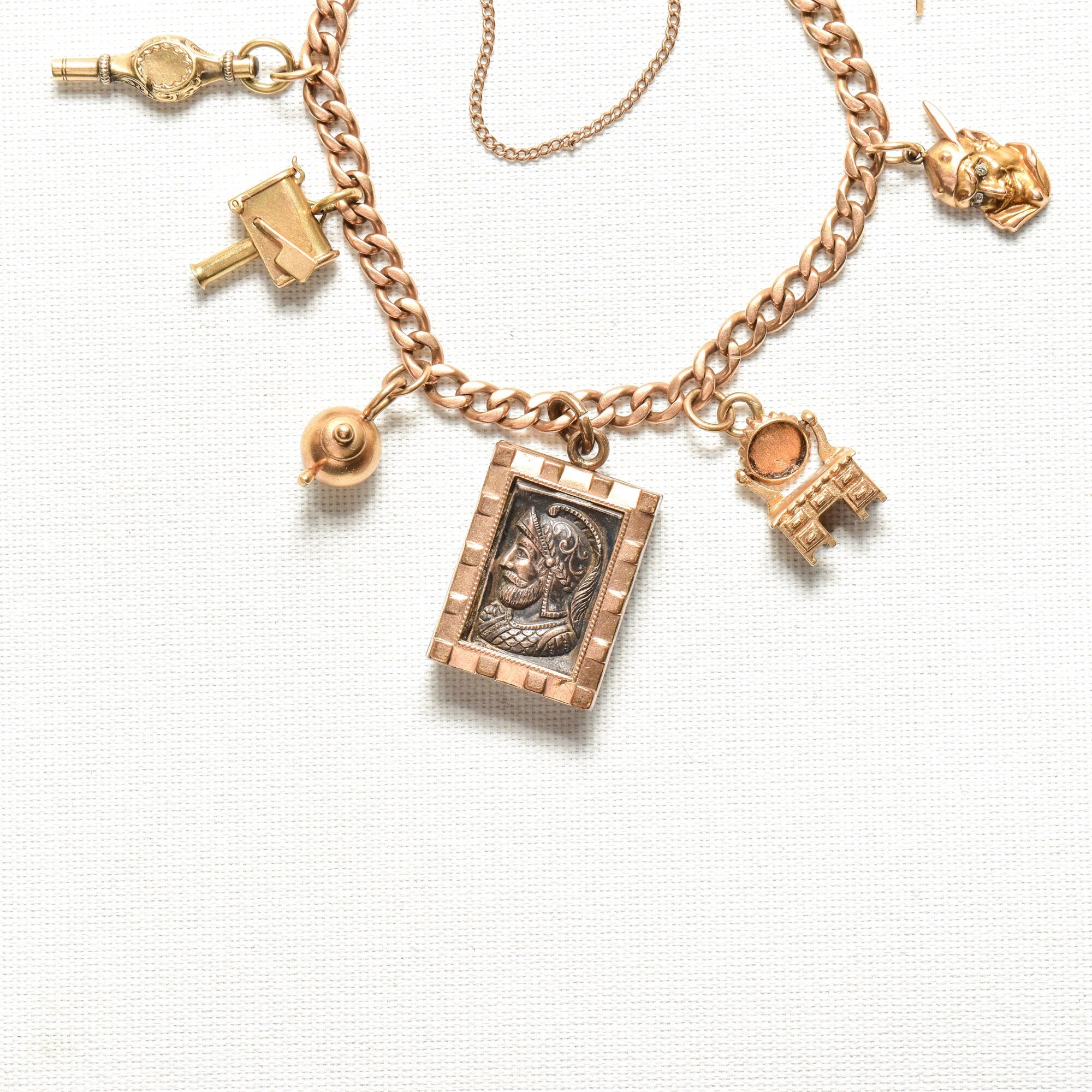 Eclectic 14K Charm Bracelet W/ Large Cameo Locket, Cute Gold Figurine Charms, 4.5mm Curb Link Chain, 7 3/4" L