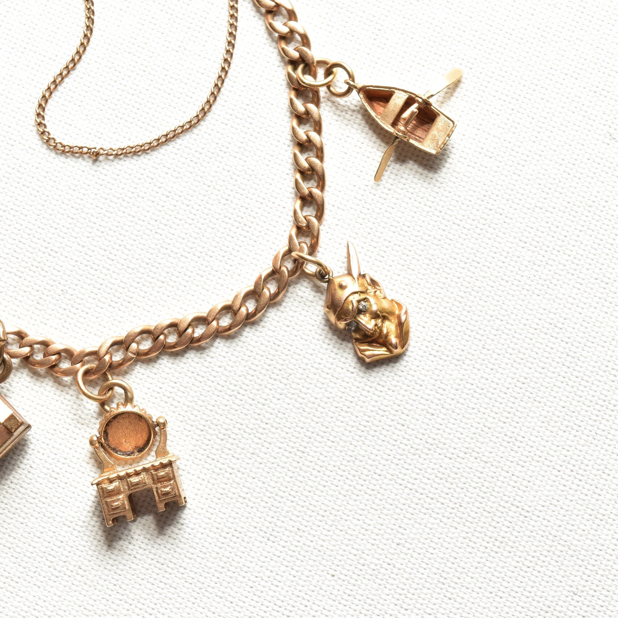 Eclectic 14K Charm Bracelet W/ Large Cameo Locket, Cute Gold Figurine Charms, 4.5mm Curb Link Chain, 7 3/4" L