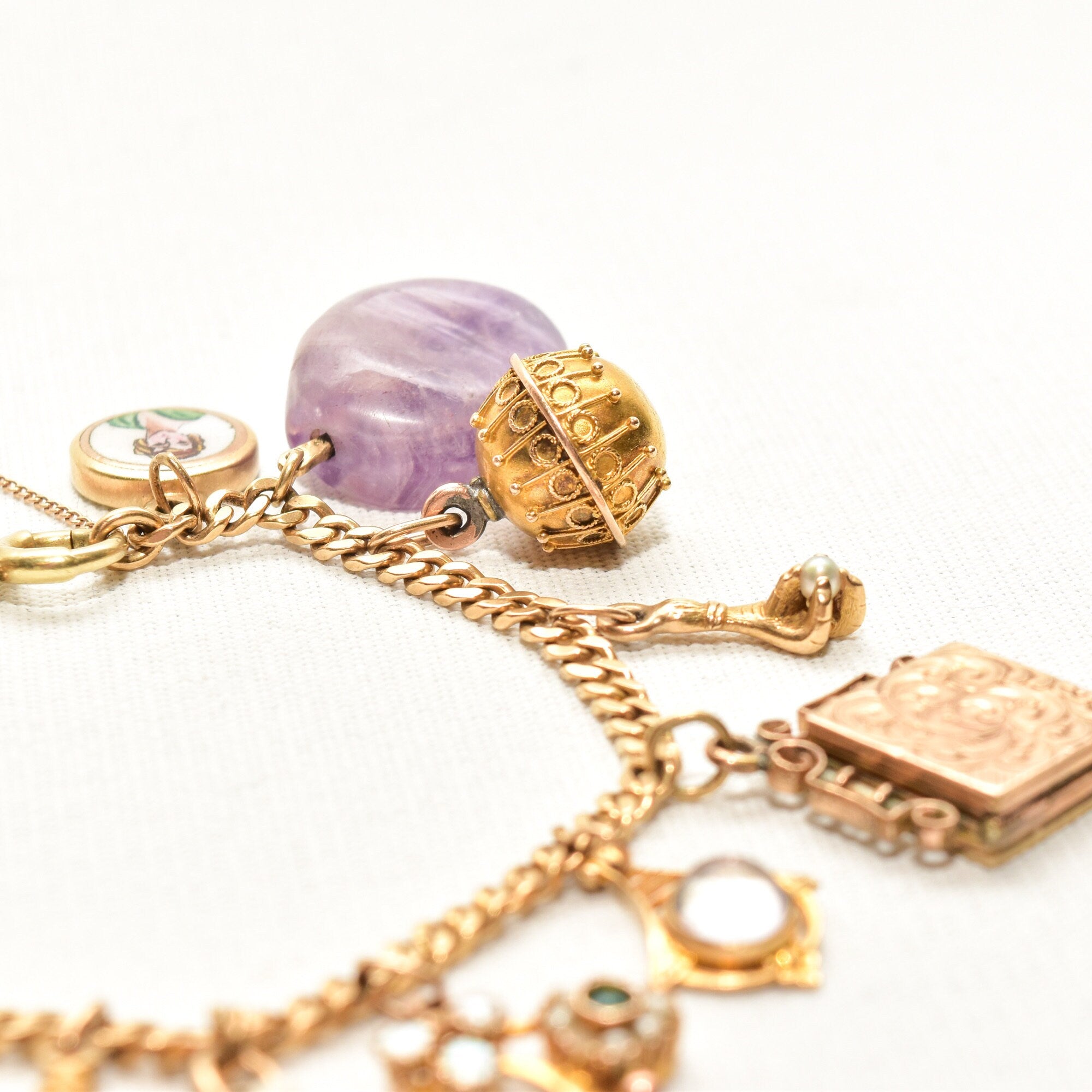 Unique 14K Charm Bracelet, Eclectic Gold Charms, Heart Locket & Cameo, 3mm Curb Link Chain, 7 1/2" L