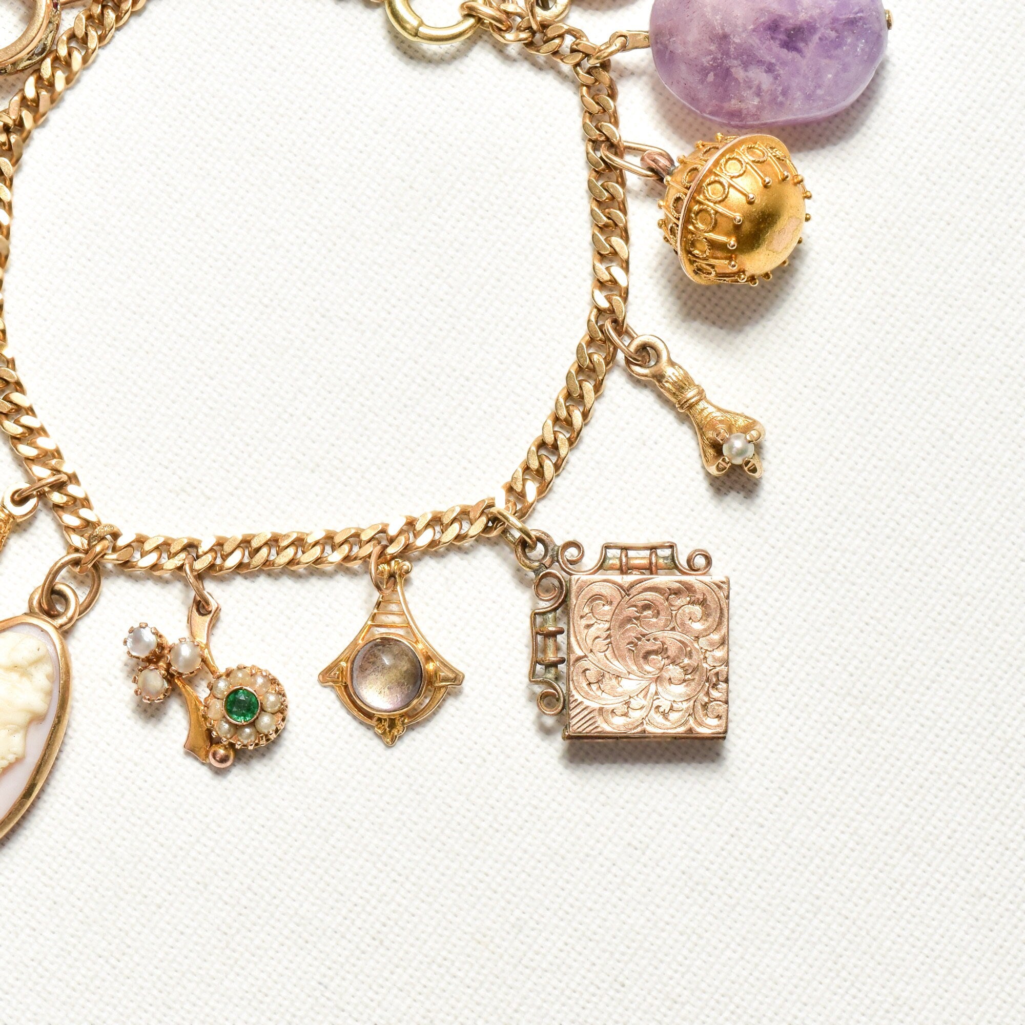 Unique 14K Charm Bracelet, Eclectic Gold Charms, Heart Locket & Cameo, 3mm Curb Link Chain, 7 1/2" L