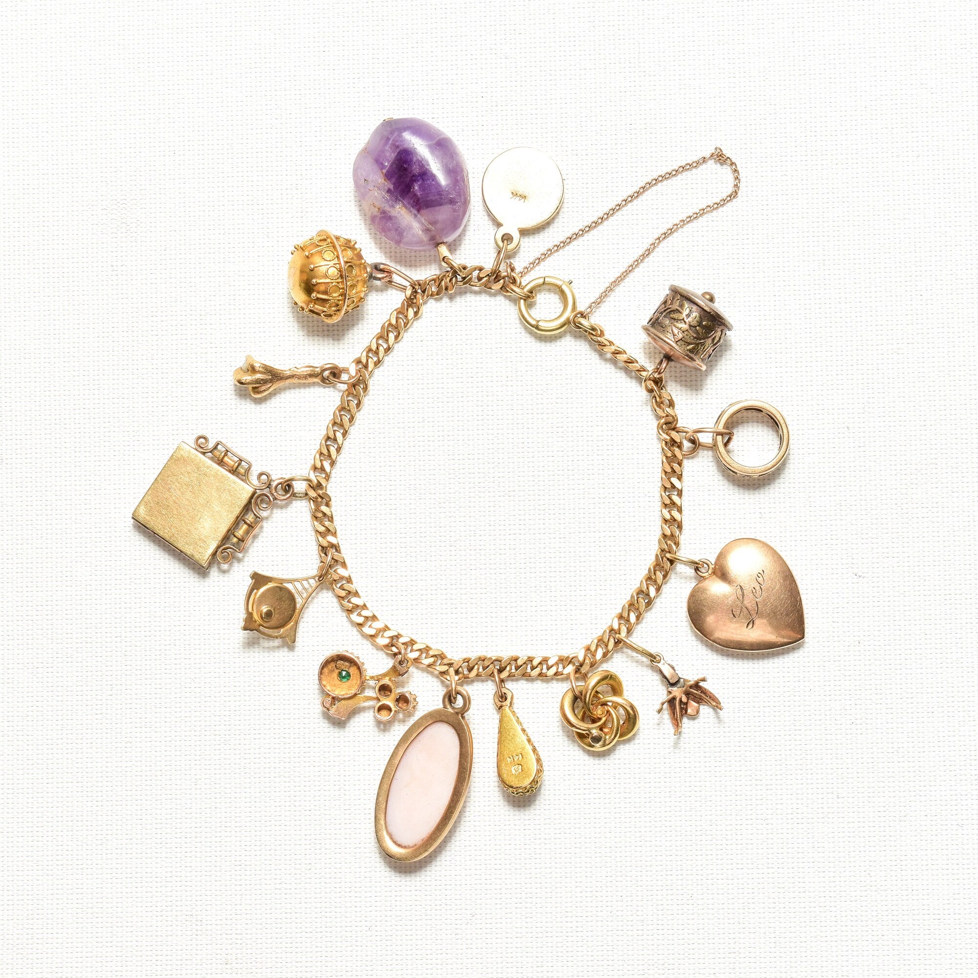 Unique 14K Charm Bracelet, Eclectic Gold Charms, Heart Locket & Cameo, 3mm Curb Link Chain, 7 1/2" L