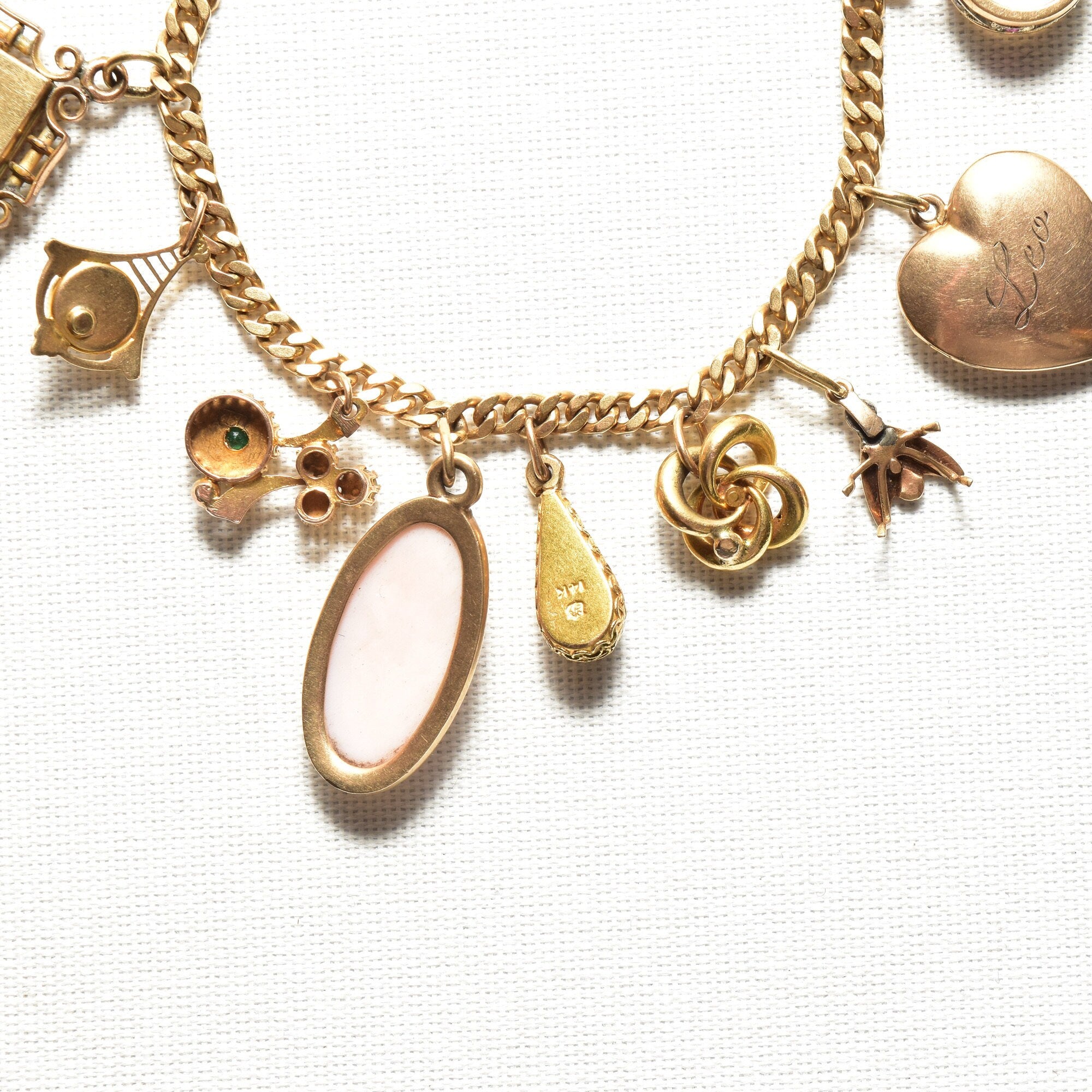 Unique 14K Charm Bracelet, Eclectic Gold Charms, Heart Locket & Cameo, 3mm Curb Link Chain, 7 1/2" L
