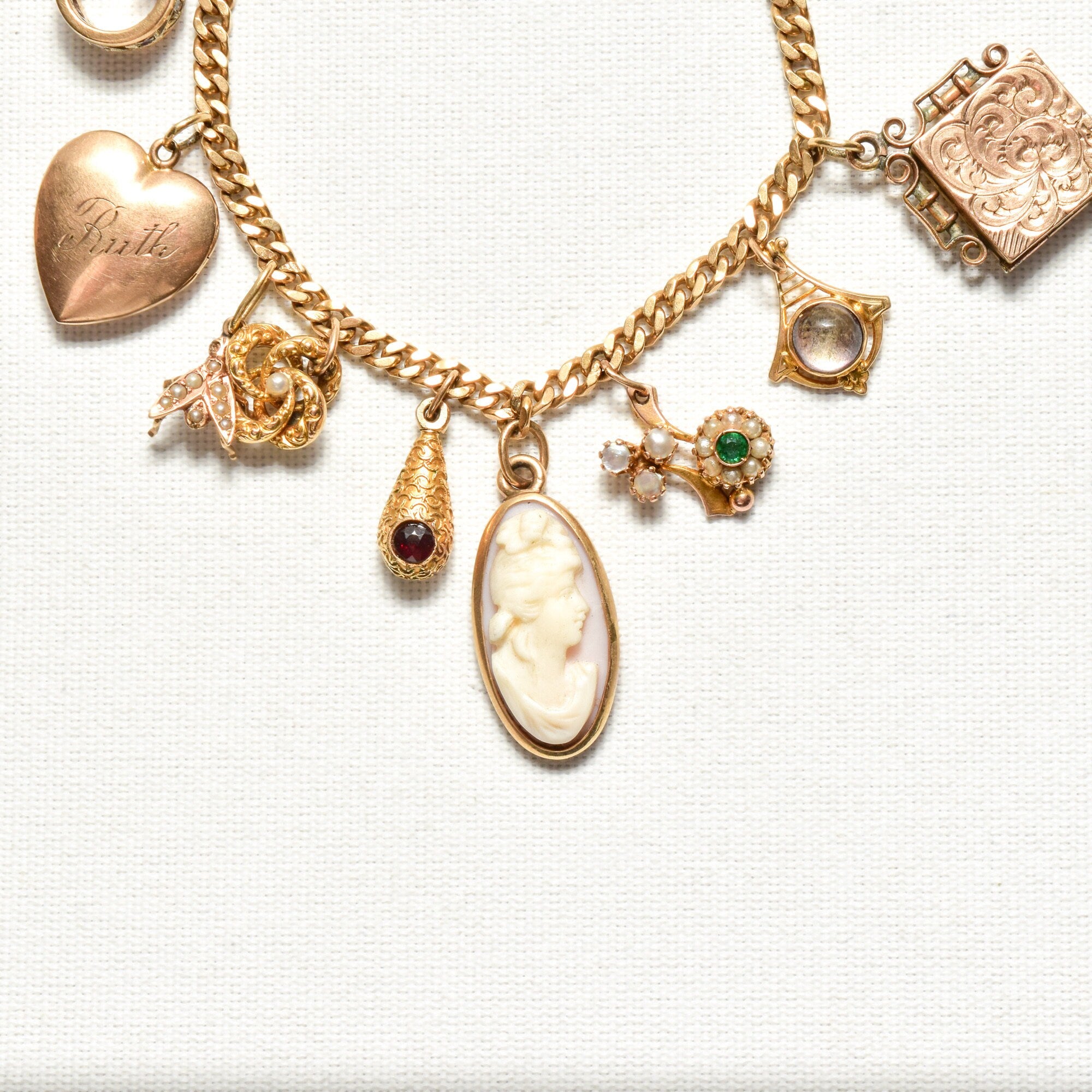 Unique 14K Charm Bracelet, Eclectic Gold Charms, Heart Locket & Cameo, 3mm Curb Link Chain, 7 1/2" L