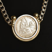 Peruvian 1915 Silver Coin Pendant Necklace, Solid 950 Sterling Silver Curb Chain, Gold-Wash Bezel Setting, 18" L