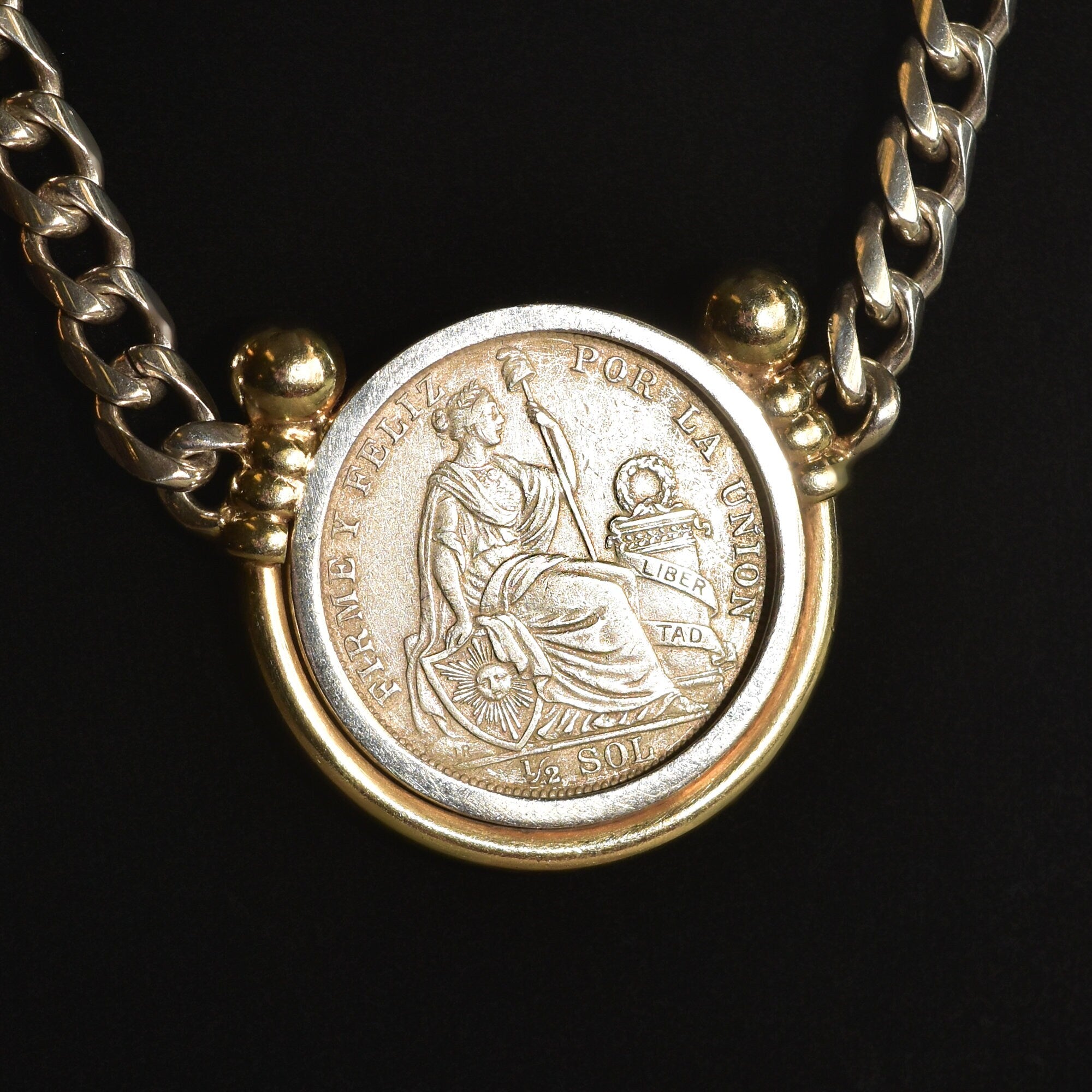 Peruvian 1915 Silver Coin Pendant Necklace, Solid 950 Sterling Silver Curb Chain, Gold-Wash Bezel Setting, 18" L
