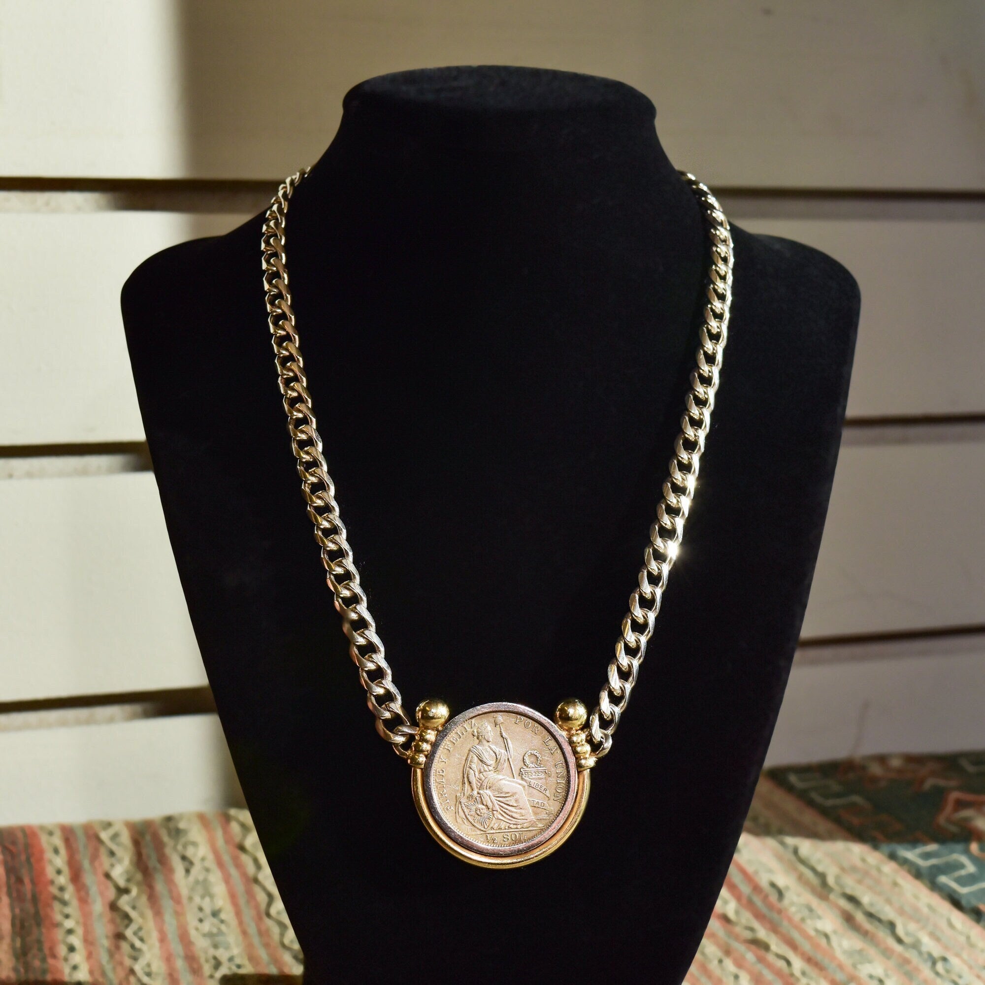 Peruvian 1915 Silver Coin Pendant Necklace, Solid 950 Sterling Silver Curb Chain, Gold-Wash Bezel Setting, 18" L