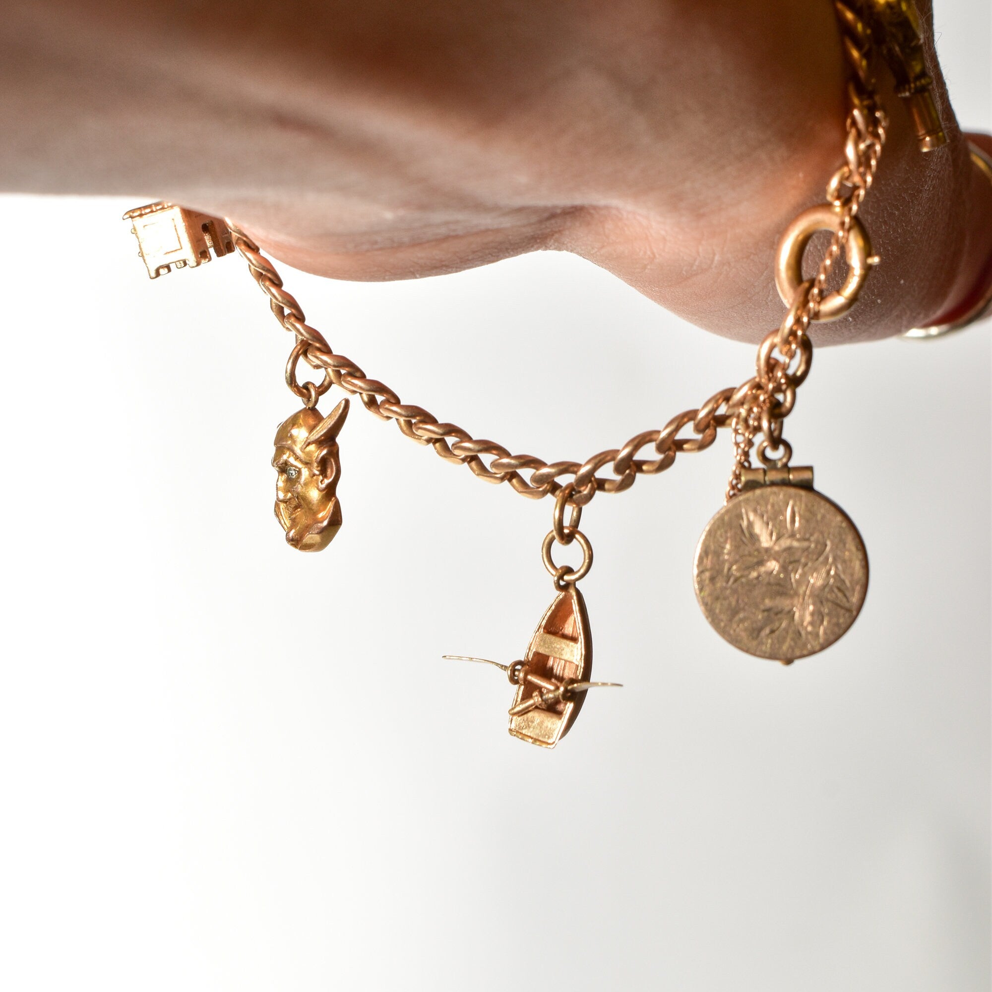 Eclectic 14K Charm Bracelet W/ Large Cameo Locket, Cute Gold Figurine Charms, 4.5mm Curb Link Chain, 7 3/4" L