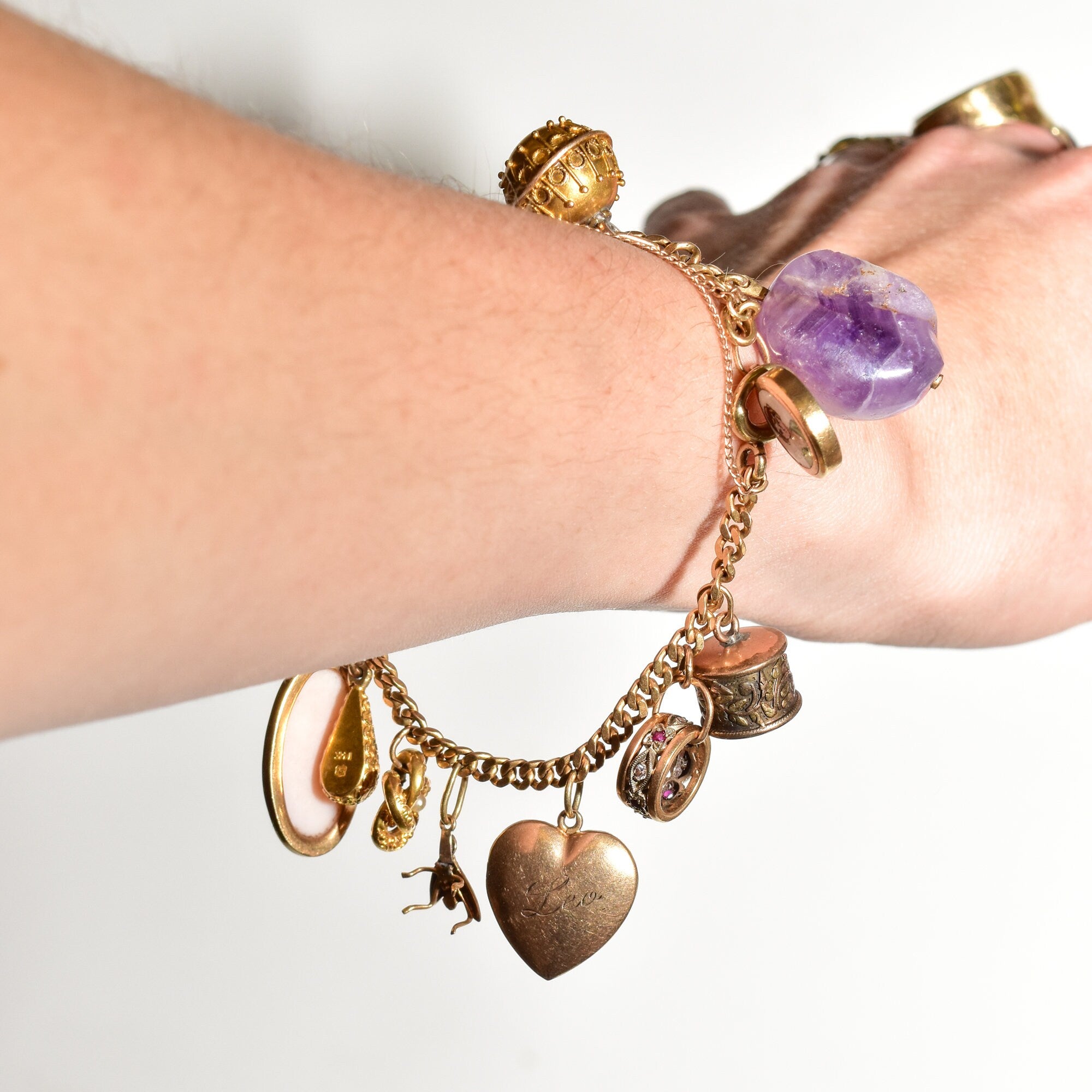 Unique 14K Charm Bracelet, Eclectic Gold Charms, Heart Locket & Cameo, 3mm Curb Link Chain, 7 1/2" L