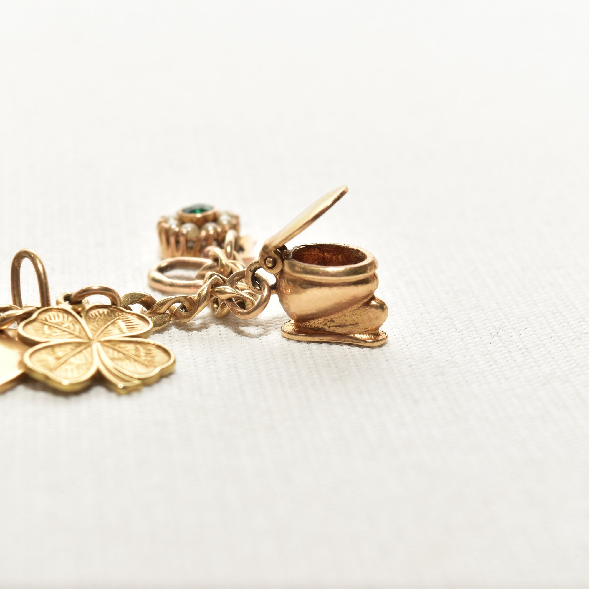 Eclectic 14K Charm Bracelet, Fun Mix Of Gold Charms, 4mm Curb Link Chain, 7" L