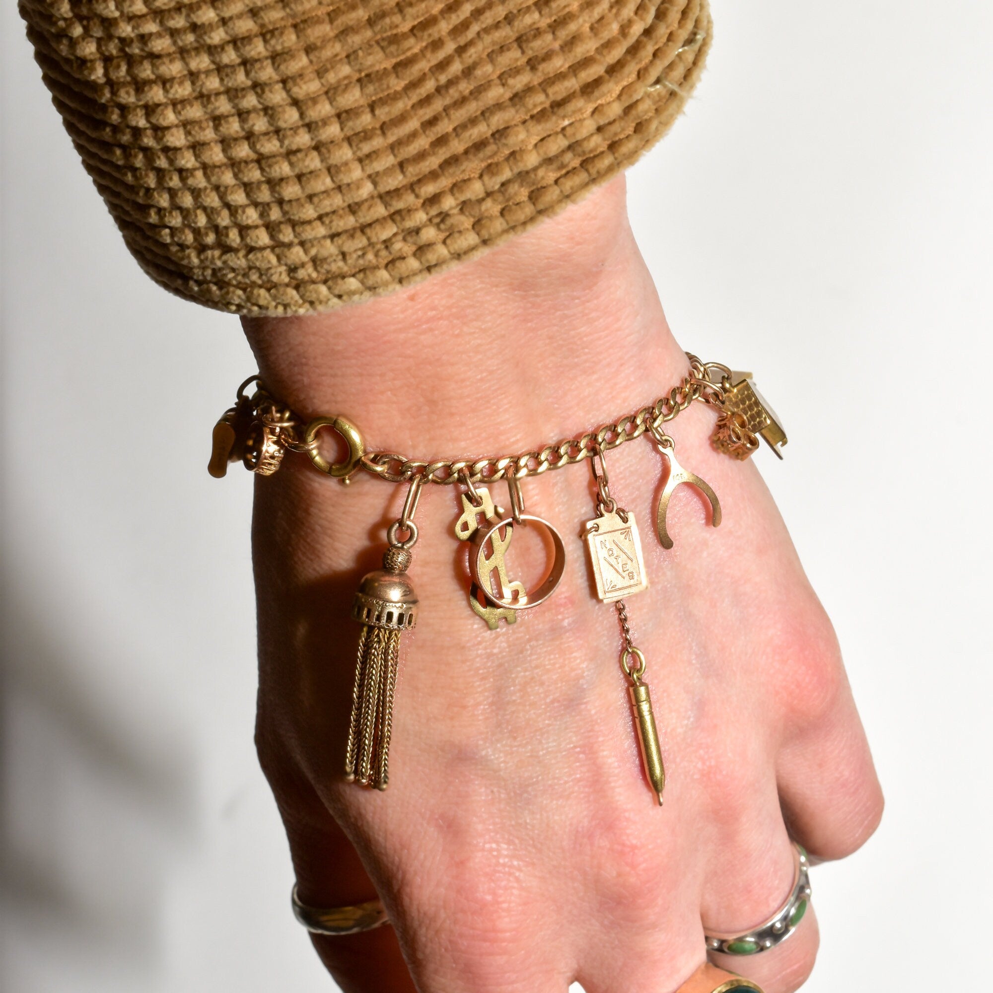Eclectic 14K Charm Bracelet, Fun Mix Of Gold Charms, 4mm Curb Link Chain, 7" L