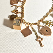 Eclectic 14K Charm Bracelet, Fun Mix Of Gold Charms, 4mm Curb Link Chain, 7" L