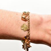 Eclectic 14K Charm Bracelet, Fun Mix Of Gold Charms, 4mm Curb Link Chain, 7" L