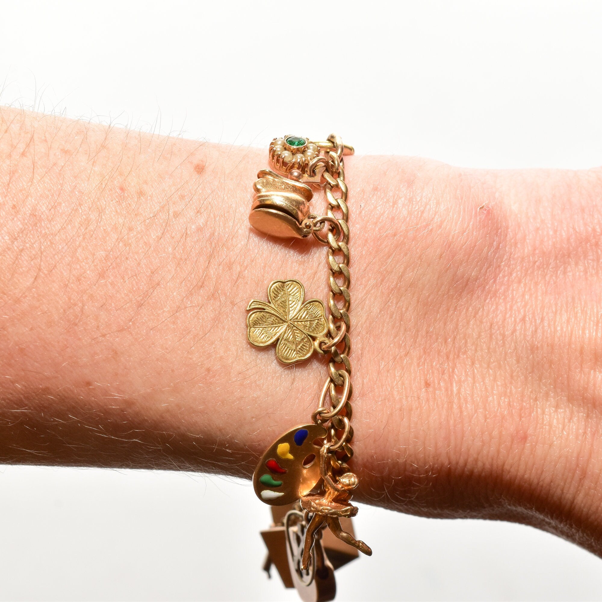 Eclectic 14K Charm Bracelet, Fun Mix Of Gold Charms, 4mm Curb Link Chain, 7" L