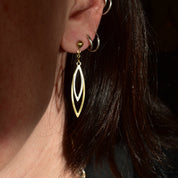 Minimalist 18K Two-Tone Pierced Dangle Earrings, Modernist Cut-Out Marquise-Shape Dangle Earrings, 44mm