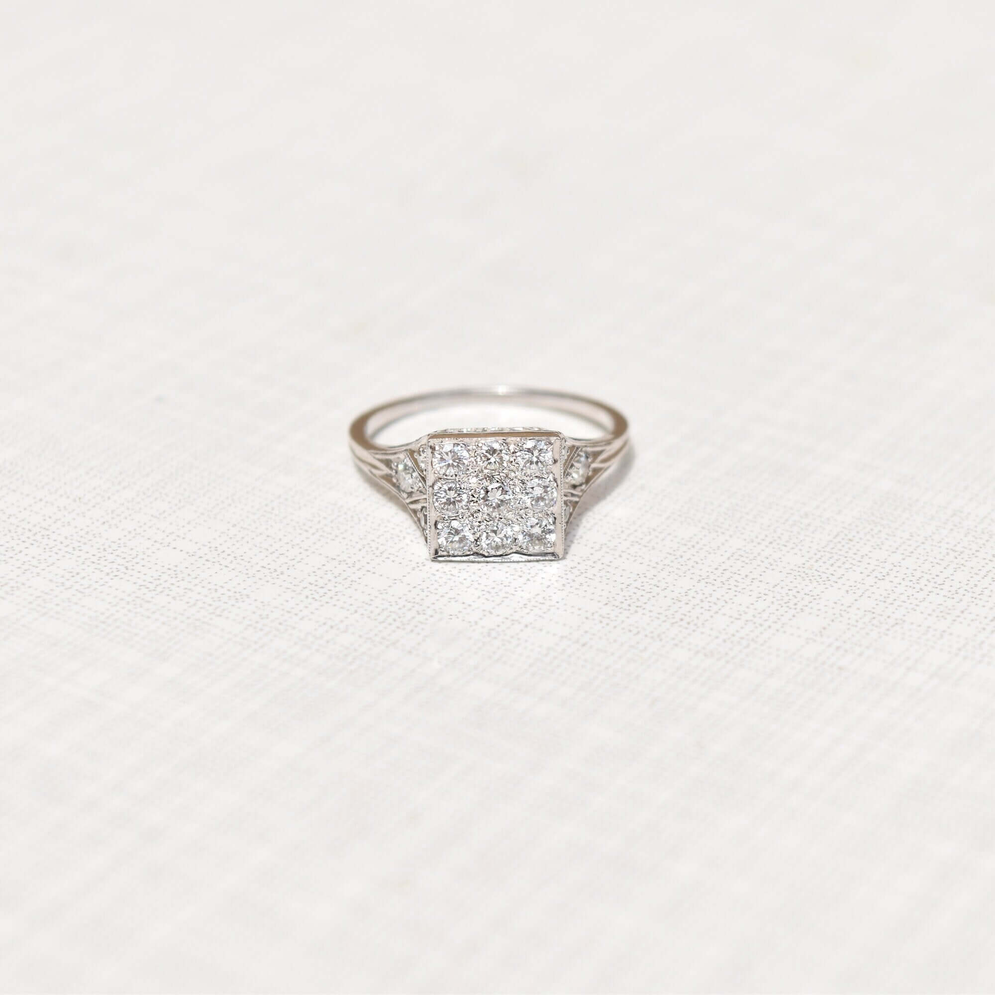 Edwardian Revival Platinum Diamond Grid Ring, .36 TCW, Square Cluster Ring, Estate Jewelry, Size 7 US - Good's Vintage
