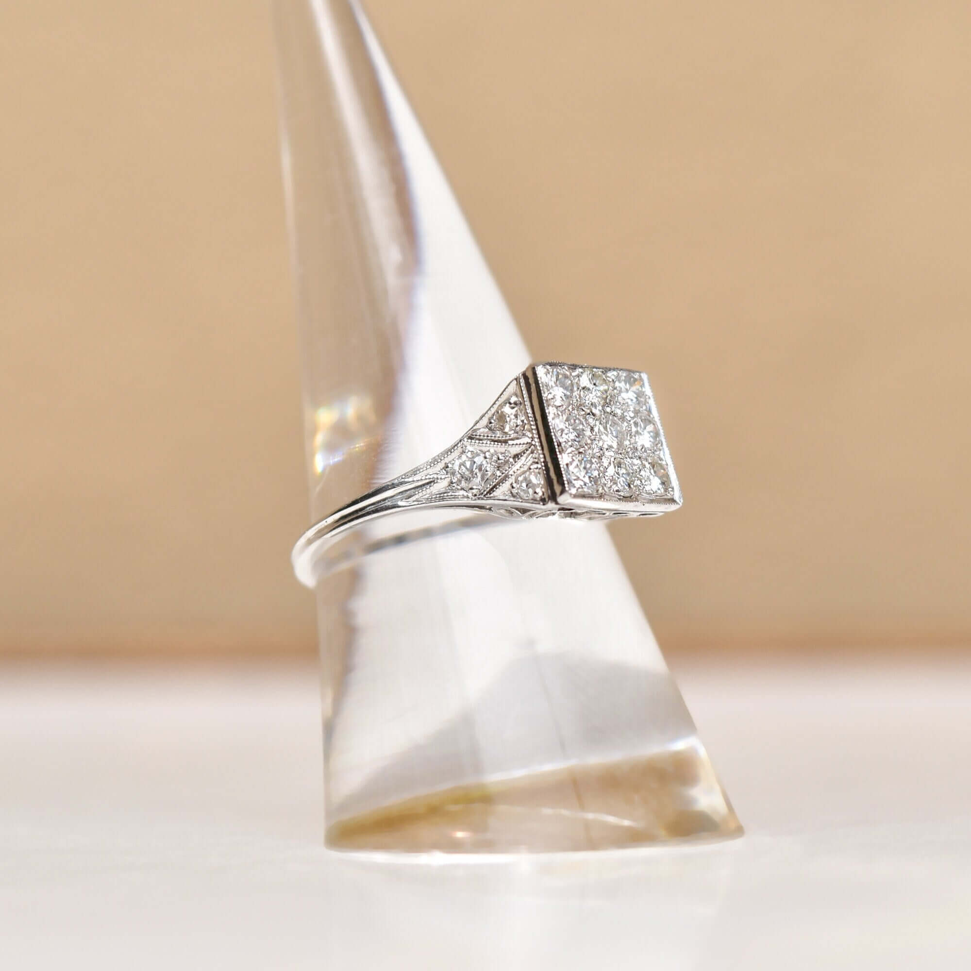 Edwardian Revival Platinum Diamond Grid Ring, .36 TCW, Square Cluster Ring, Estate Jewelry, Size 7 US - Good's Vintage