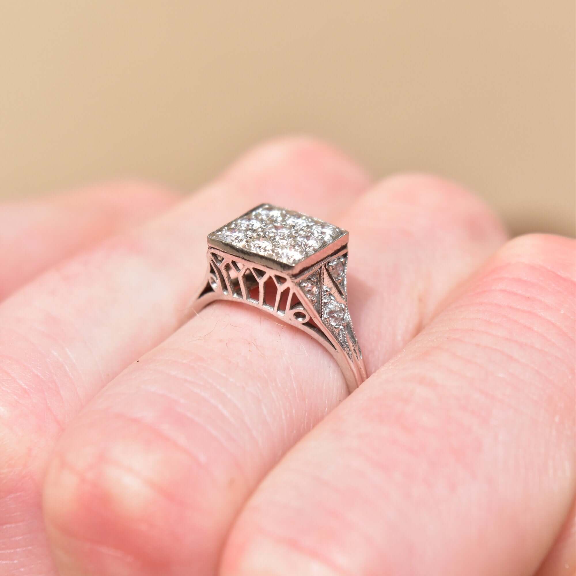 Edwardian Revival Platinum Diamond Grid Ring, .36 TCW, Square Cluster Ring, Estate Jewelry, Size 7 US - Good's Vintage