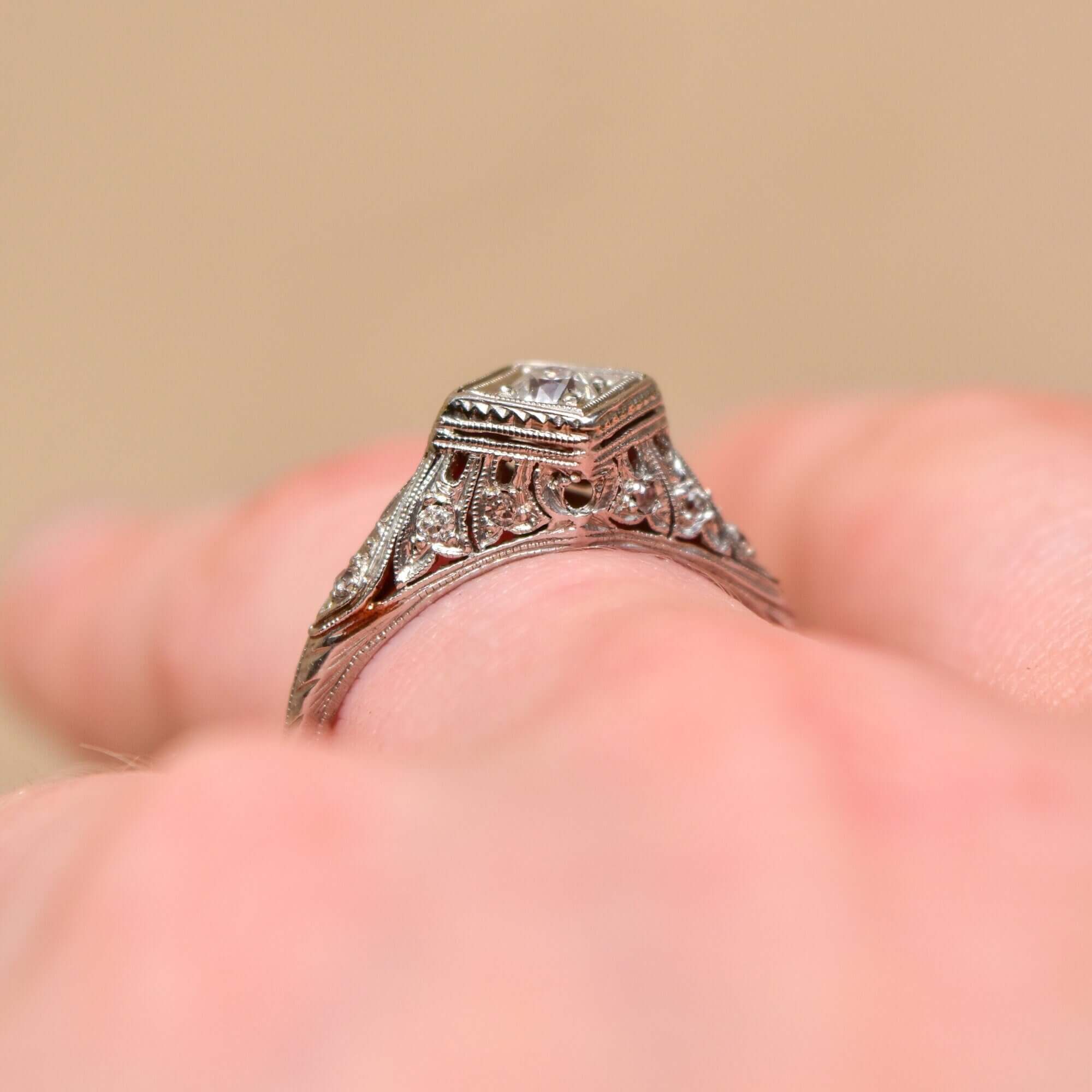 Edwardian Platinum Diamond Engagement Ring, Diamond Filigree Accents, Estate Jewelry, Size 10 US - Good's Vintage