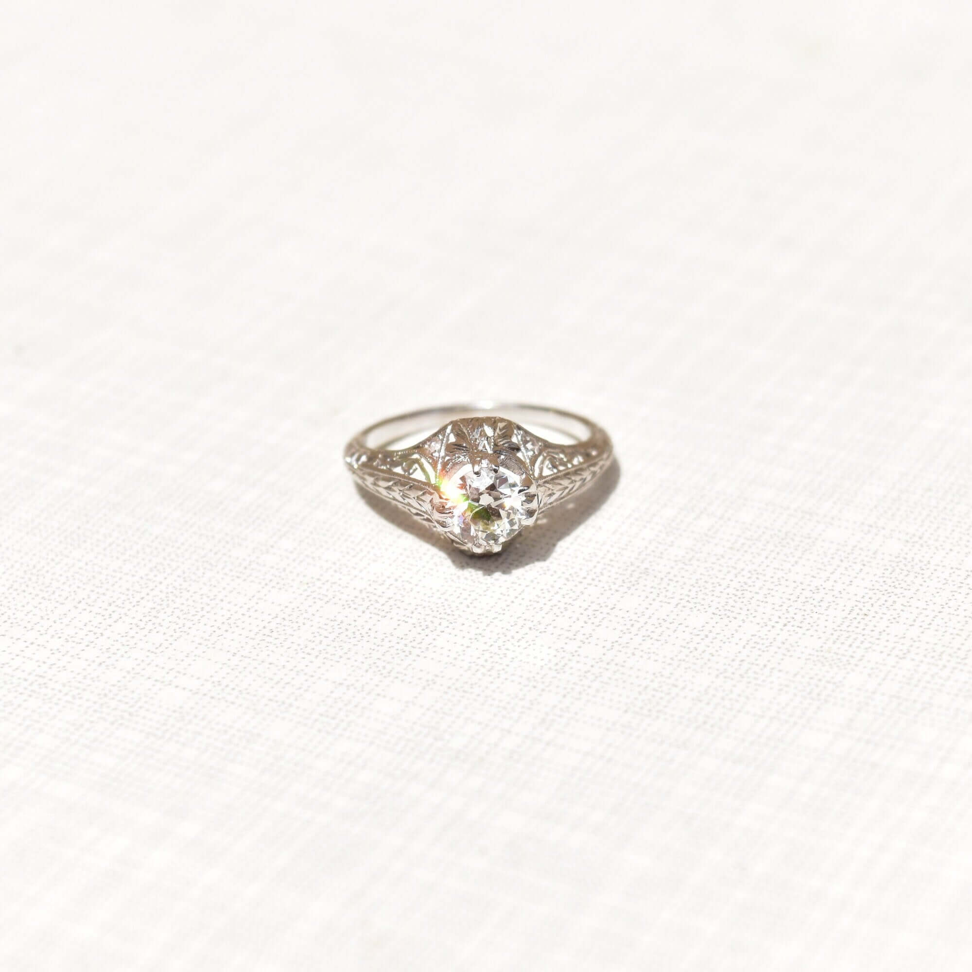 Edwardian Revival 1 CT Platinum Diamond Solitaire Laurel Foliate Engagement Ring, Estate Jewelry, Size 5 1/2 US - Good's Vintage