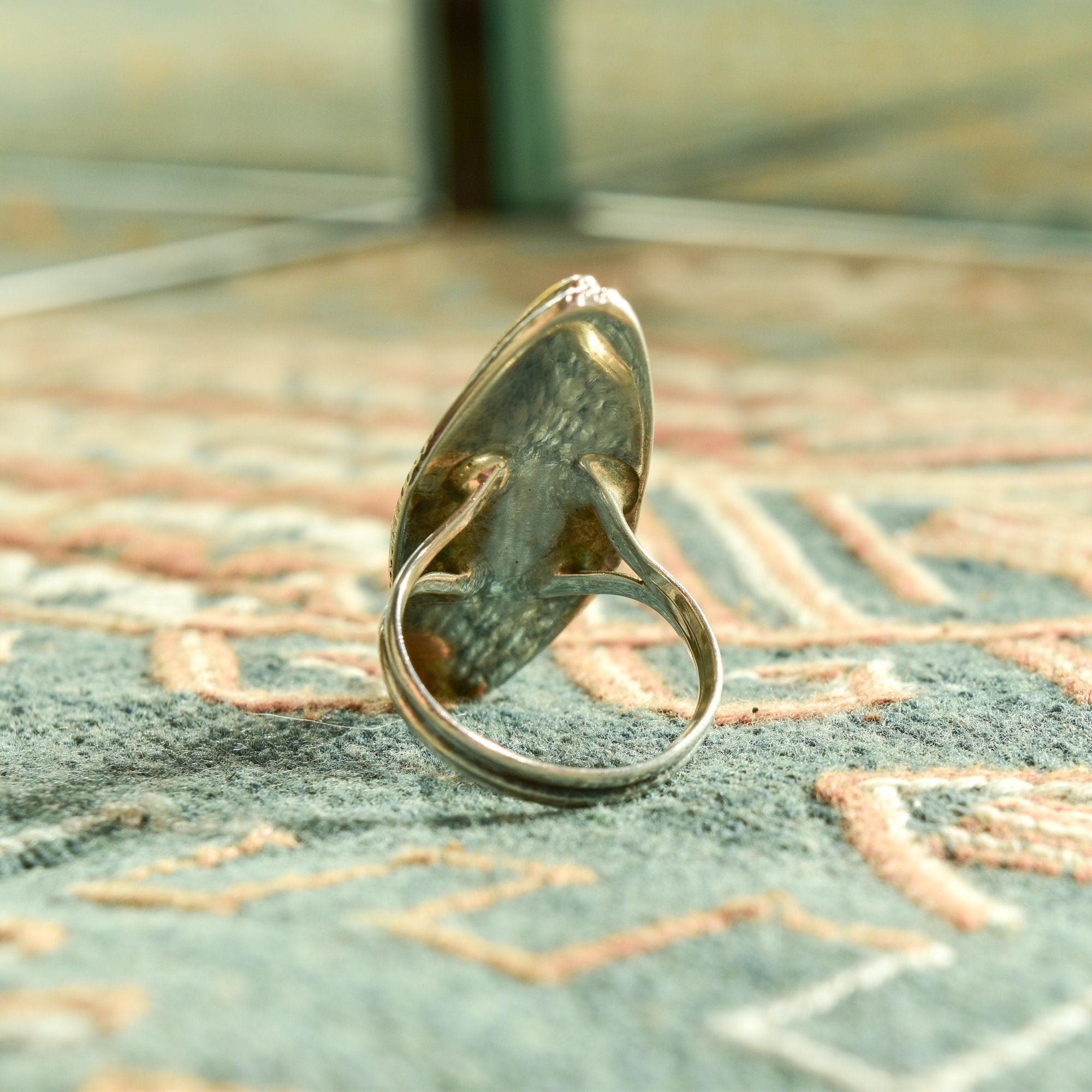 Abstract Floral Mother Of Pearl Marquise Ring, Beautiful Inlay Design, Vintage Thumb Ring, Size 6 1/2 US