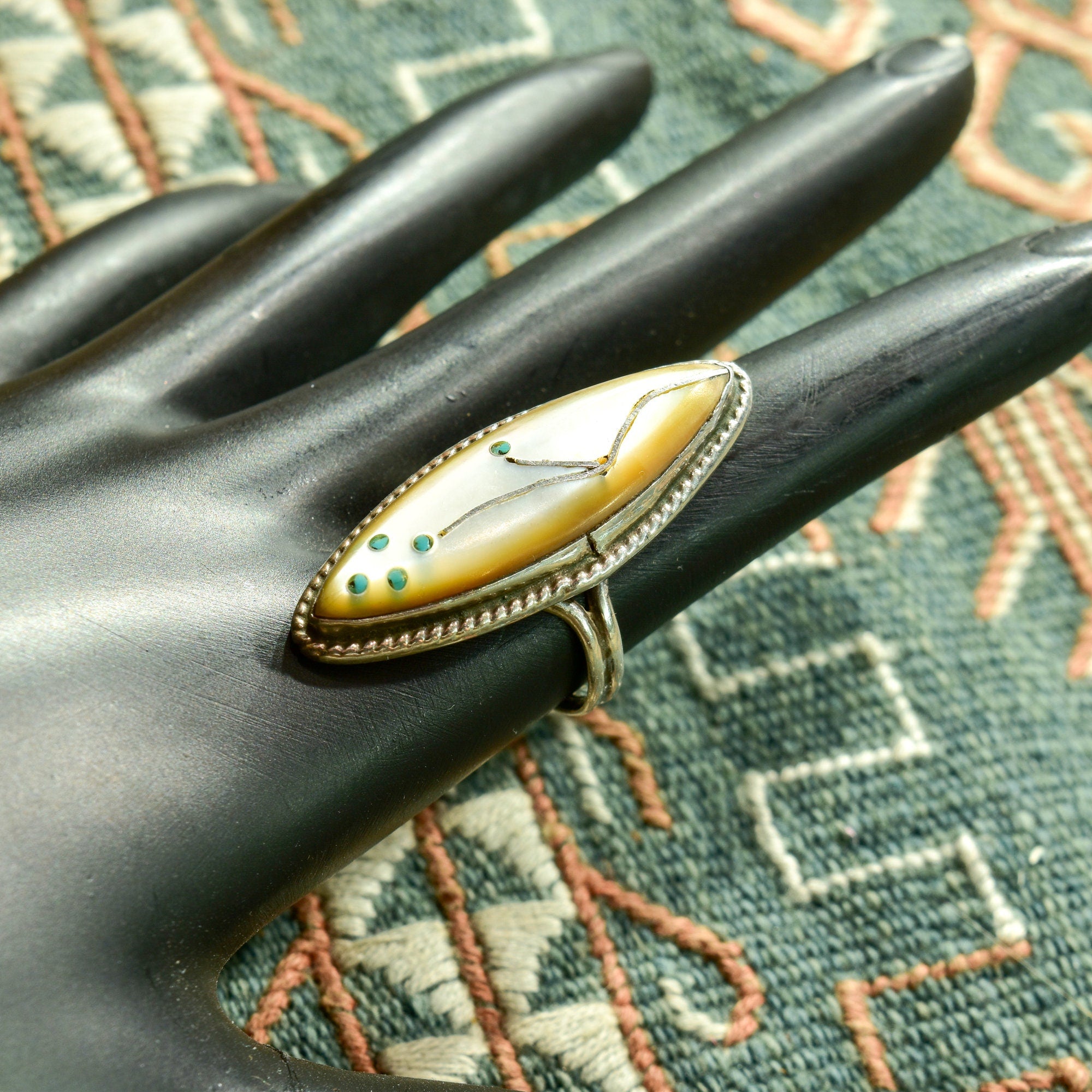 Abstract Floral Mother Of Pearl Marquise Ring, Beautiful Inlay Design, Vintage Thumb Ring, Size 6 1/2 US