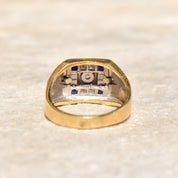 Men's two-tone 14K gold signet ring with diamonds and sapphires in an engraved star setting, estate jewelry, size 12 US.