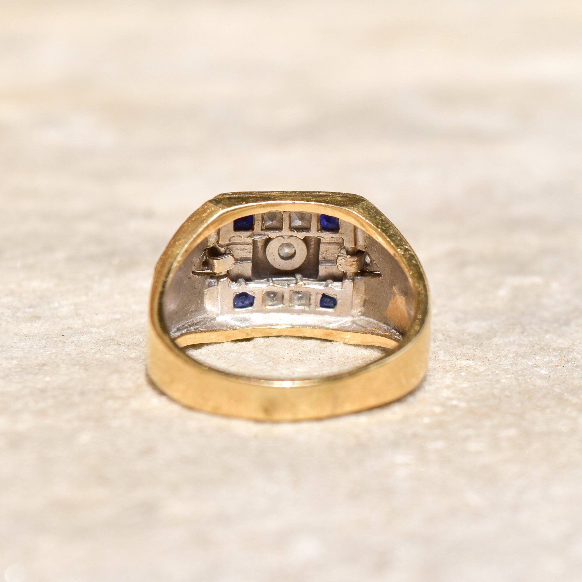 Men's two-tone 14K gold signet ring with diamonds and sapphires in an engraved star setting, estate jewelry, size 12 US.