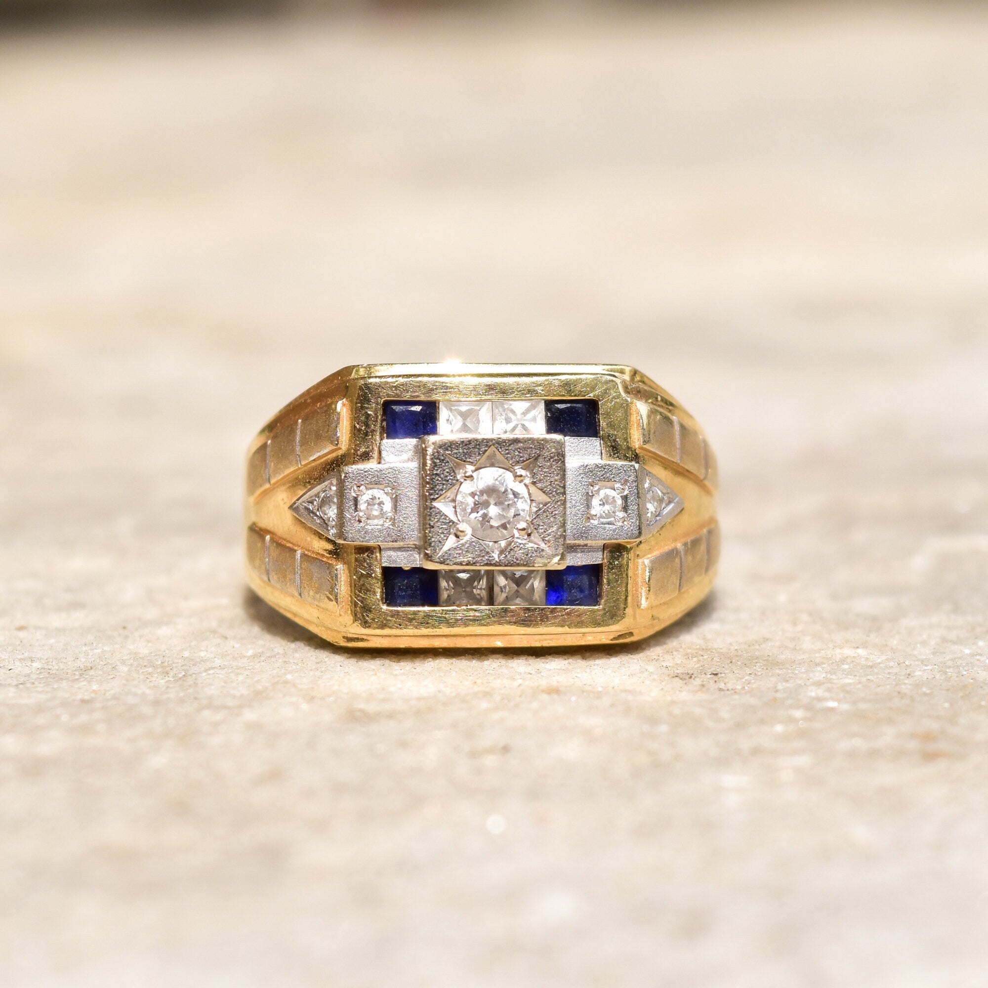 14K gold men's signet ring with diamonds, sapphires, and an engraved star design, estate jewelry piece in size 12.
