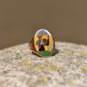14K ChampleveEnamel Cigar Band Ring, Colorful Scene Of Man & Alpaca, Men's Pinky Ring, Size 4 1/4 US