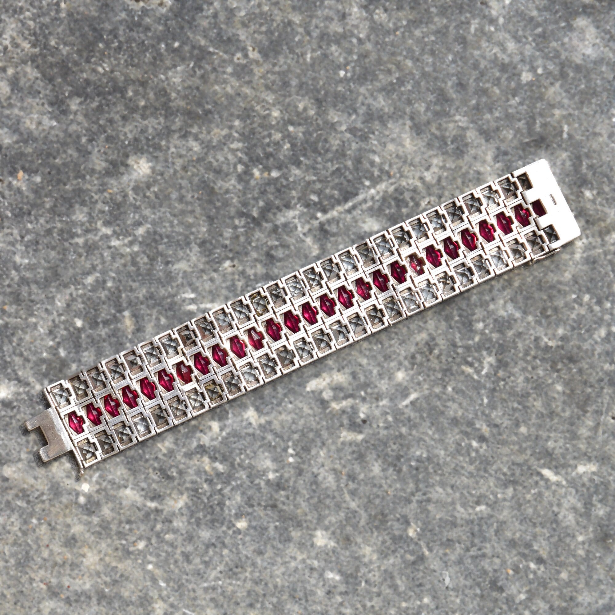 French Art Deco Sterling Silver Ruby Paste Bracelet, Wide Articulated Link Cuff, Estate Jewelry, 6 3/4" L