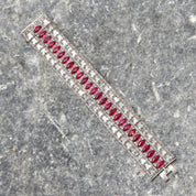 French Art Deco Sterling Silver Ruby Paste Bracelet, Wide Articulated Link Cuff, Estate Jewelry, 6 3/4" L