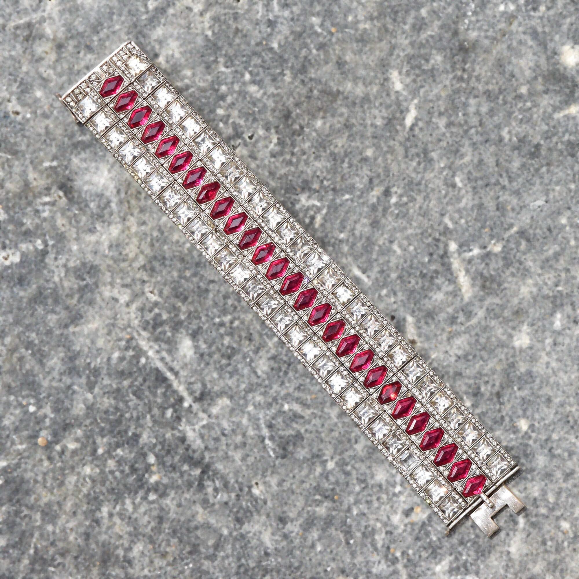 French Art Deco Sterling Silver Ruby Paste Bracelet, Wide Articulated Link Cuff, Estate Jewelry, 6 3/4" L