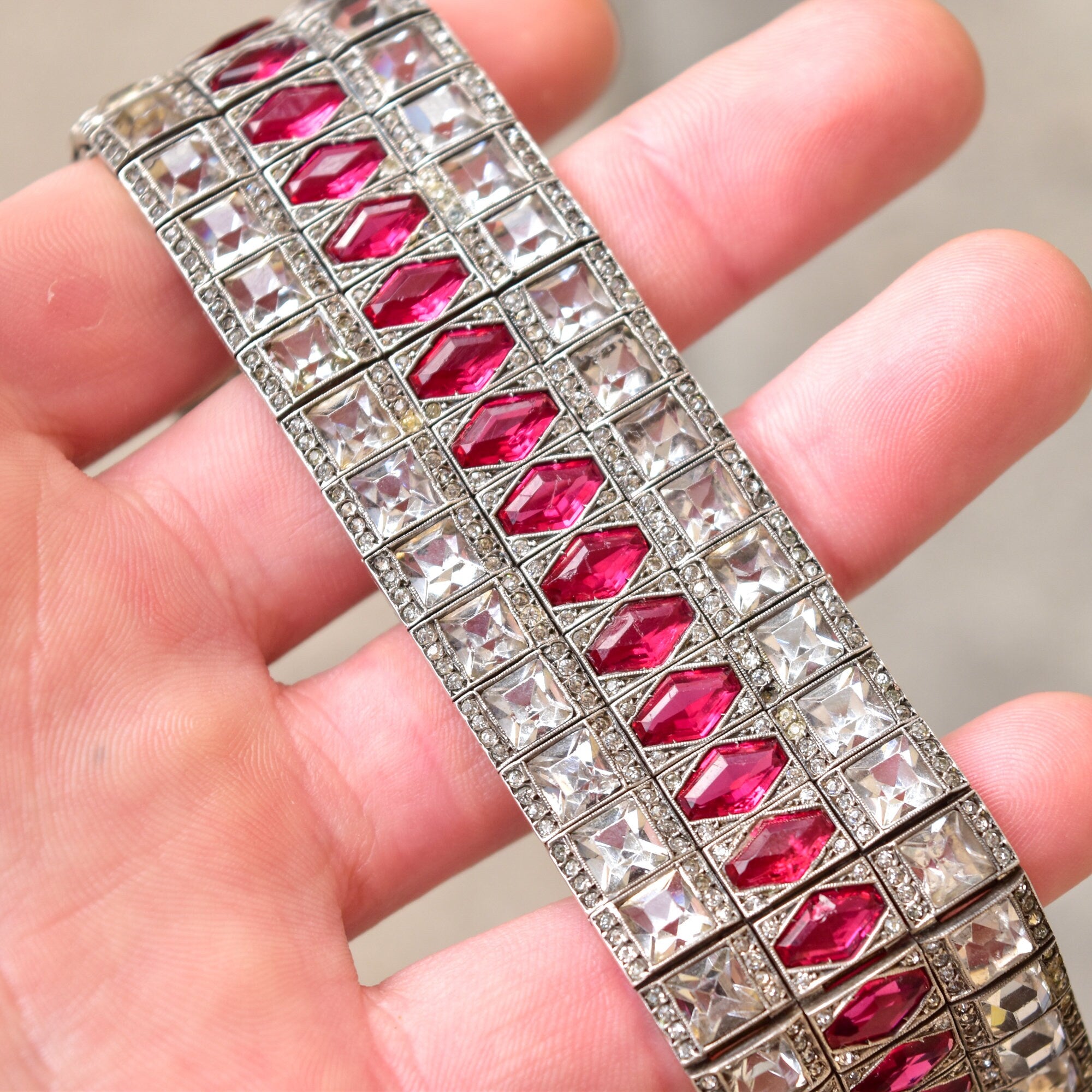 French Art Deco Sterling Silver Ruby Paste Bracelet, Wide Articulated Link Cuff, Estate Jewelry, 6 3/4" L