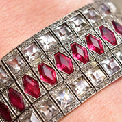 French Art Deco Sterling Silver Ruby Paste Bracelet, Wide Articulated Link Cuff, Estate Jewelry, 6 3/4" L
