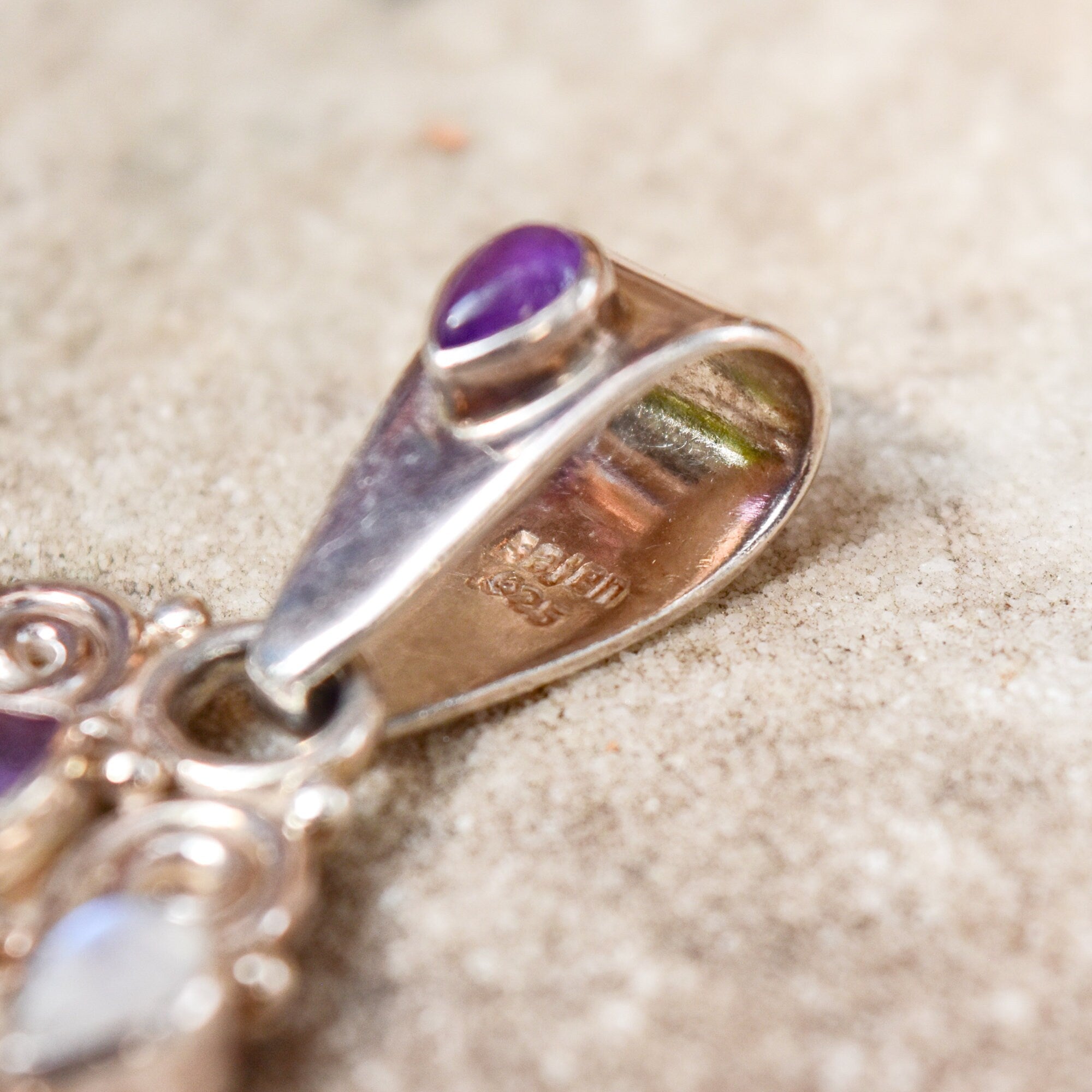 SAJEN Sterling Silver Carved Bone Cameo Pendant W/ Amethyst, Moonstone & Shell, Art Nouveau Revival, 3 1/8"