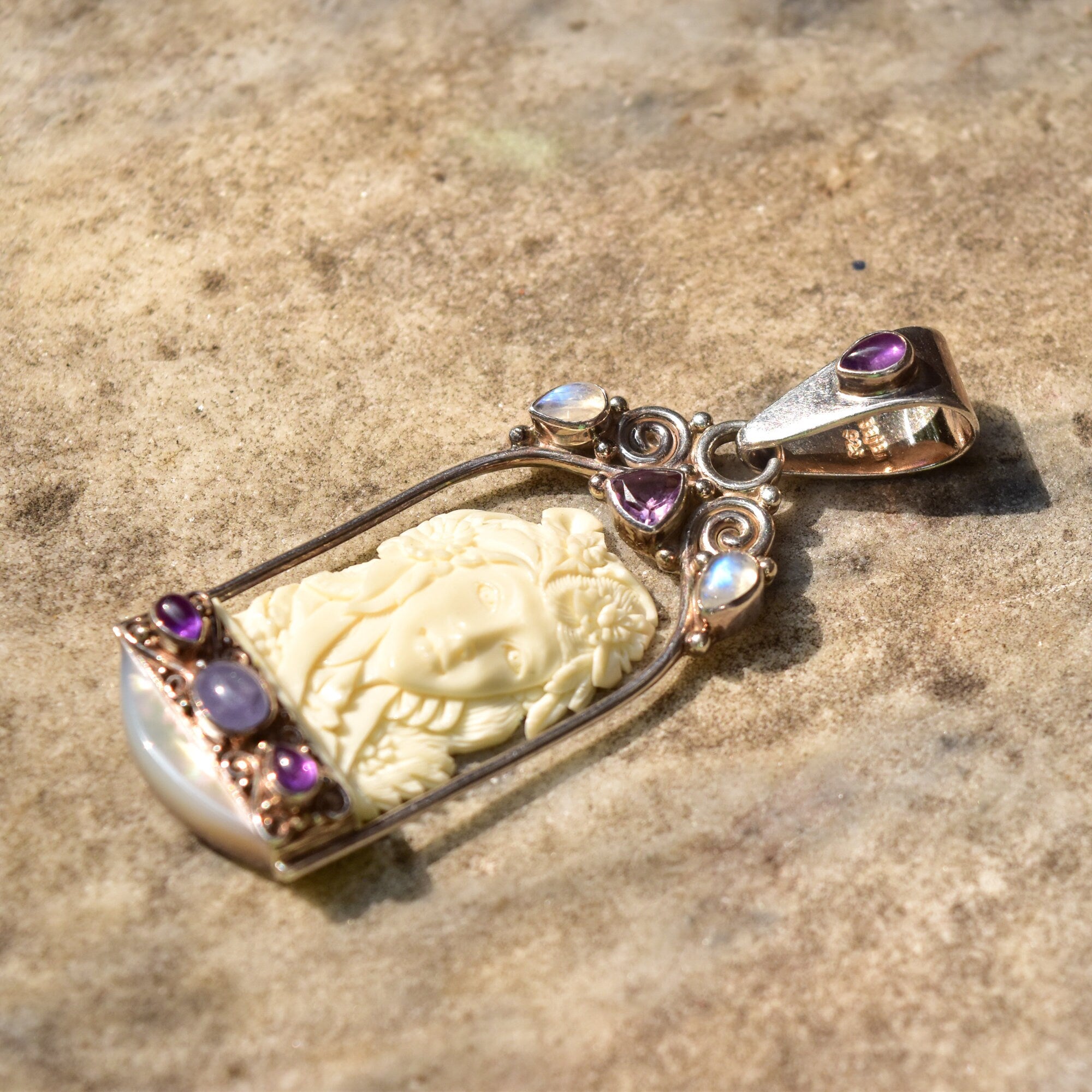 SAJEN Sterling Silver Carved Bone Cameo Pendant W/ Amethyst, Moonstone & Shell, Art Nouveau Revival, 3 1/8"